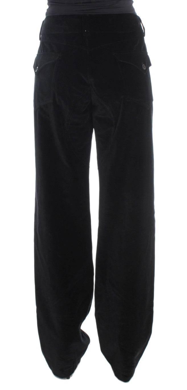 Ermanno Scervino Black Velvet Cotton Straight Legs Pants - Hilstor