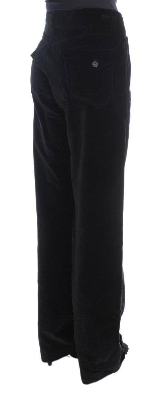 Ermanno Scervino Black Velvet Cotton Straight Legs Pants - Hilstor