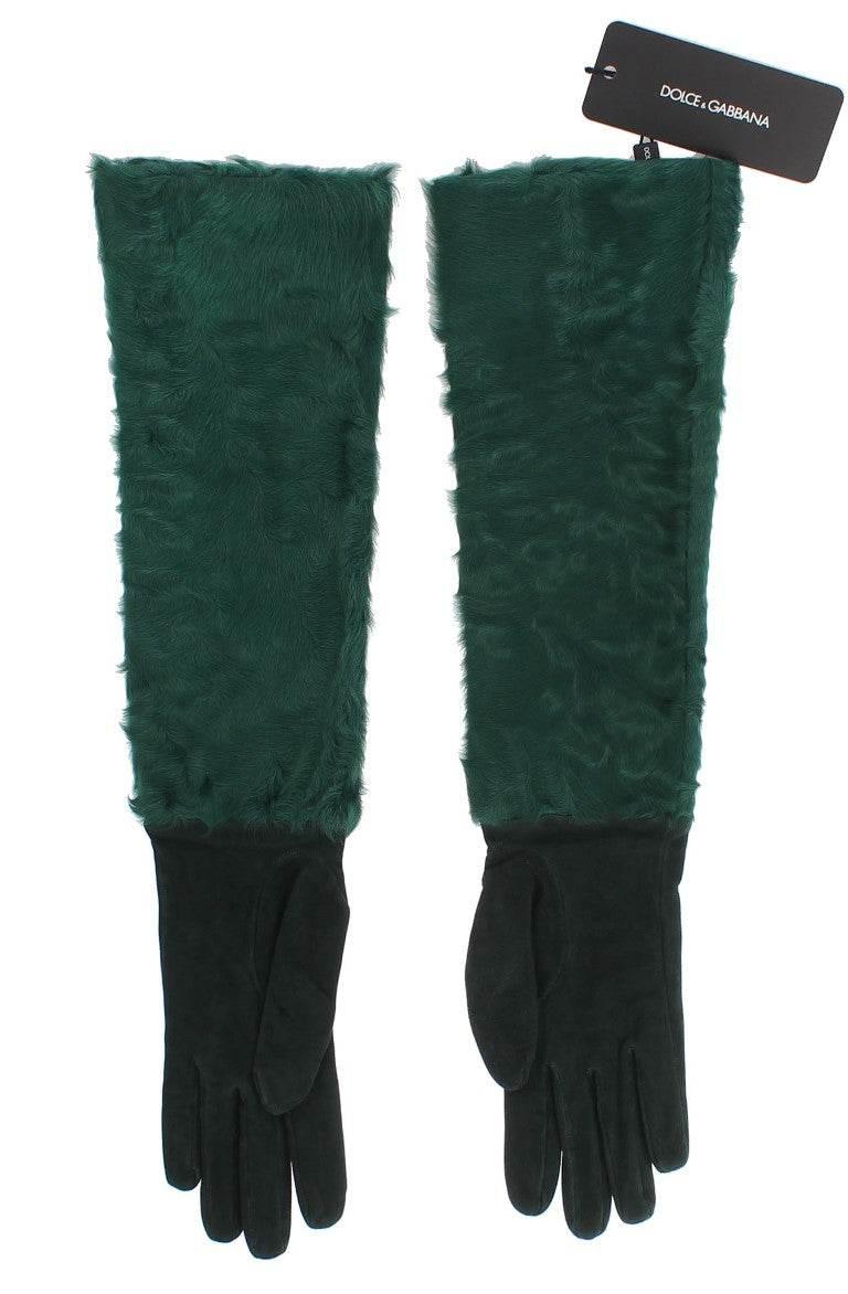 Dolce & Gabbana Green Leather Xiangao Fur Elbow Gloves - Hilstor