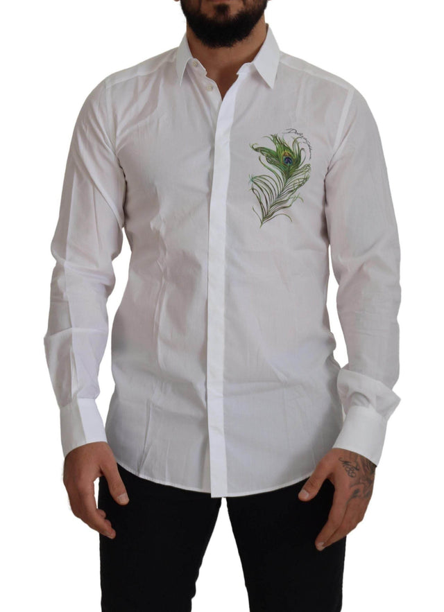 Dolce & Gabbana Elegant White Peacock Feather Dress Shirt - Hilstor