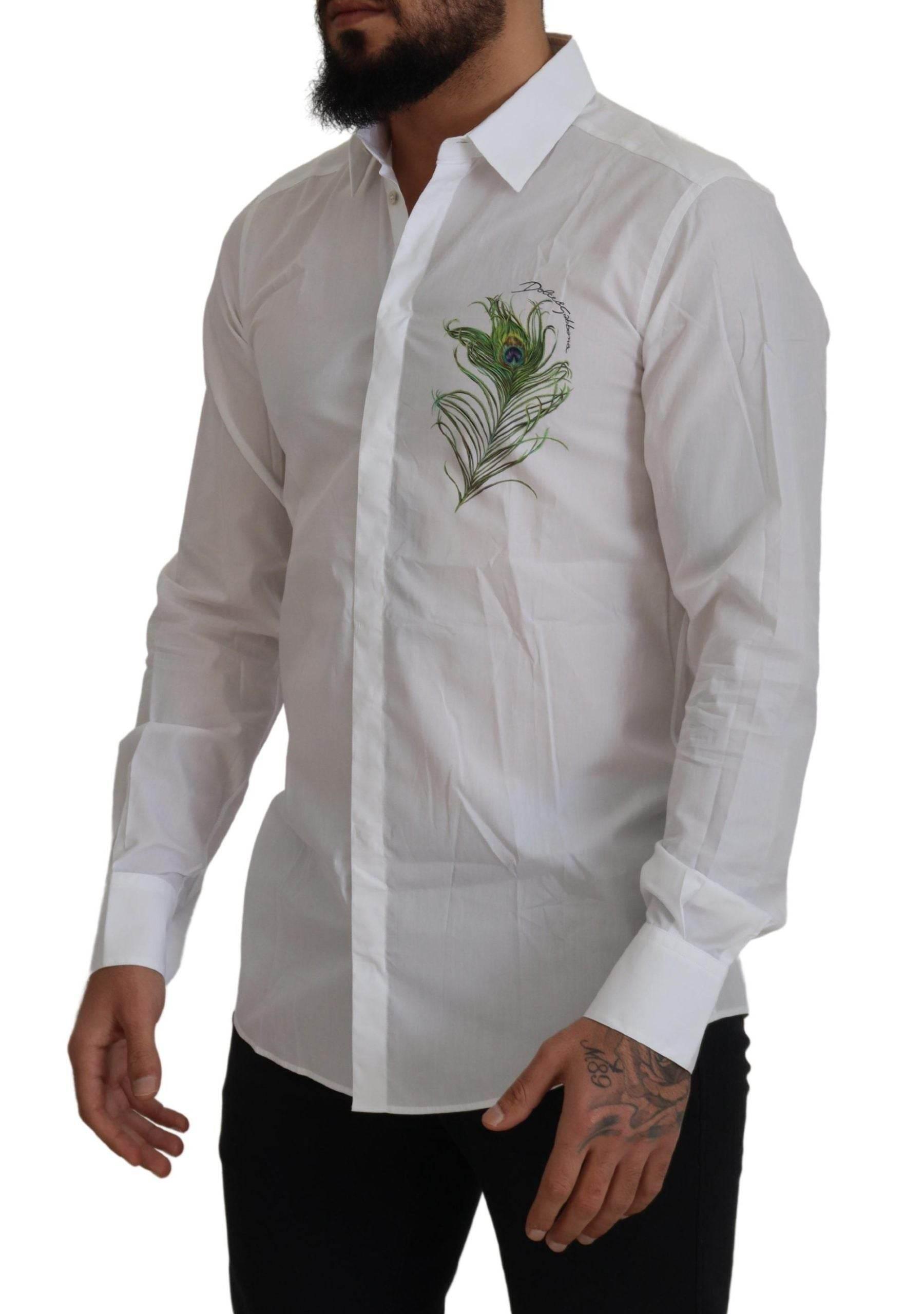 Dolce & Gabbana Elegant White Peacock Feather Dress Shirt - Hilstor