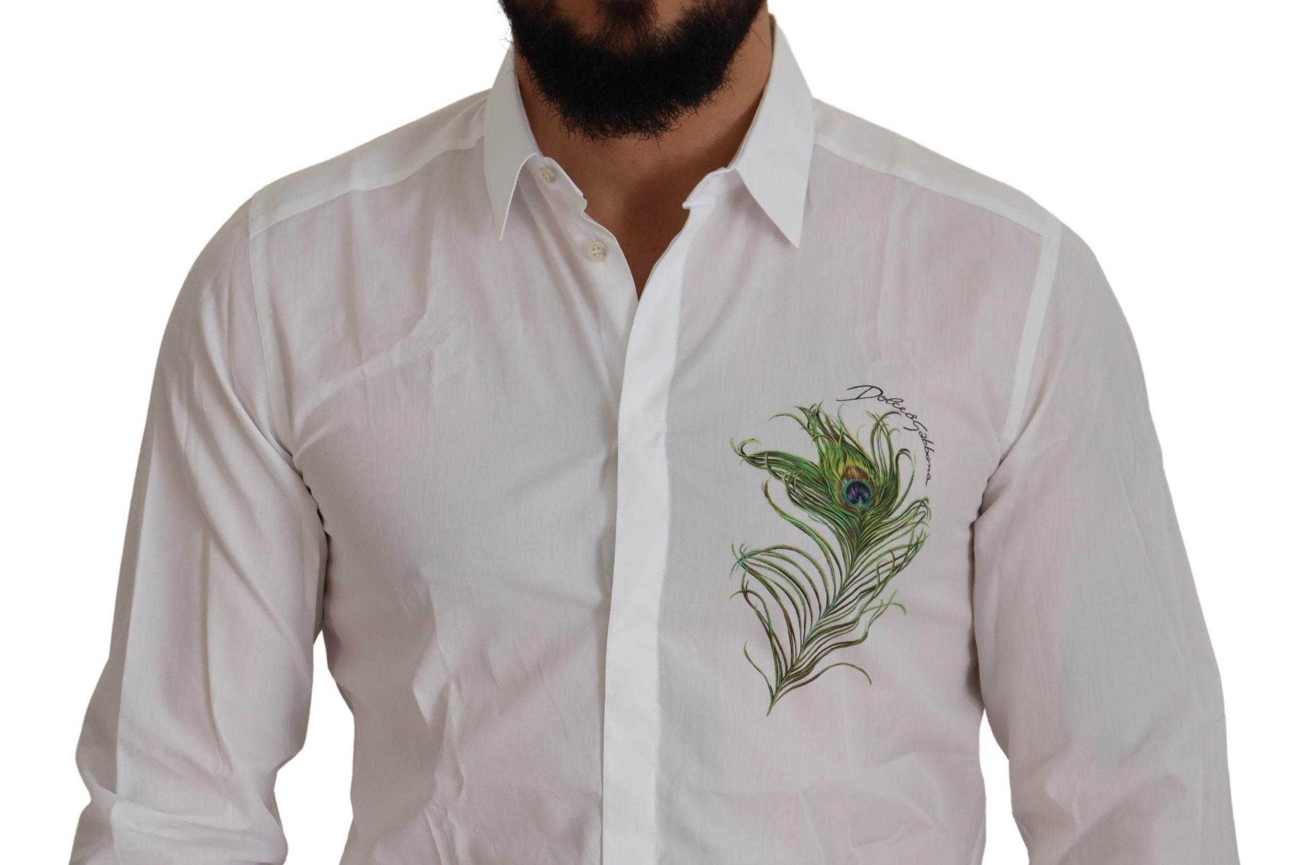 Dolce & Gabbana Elegant White Peacock Feather Dress Shirt - Hilstor