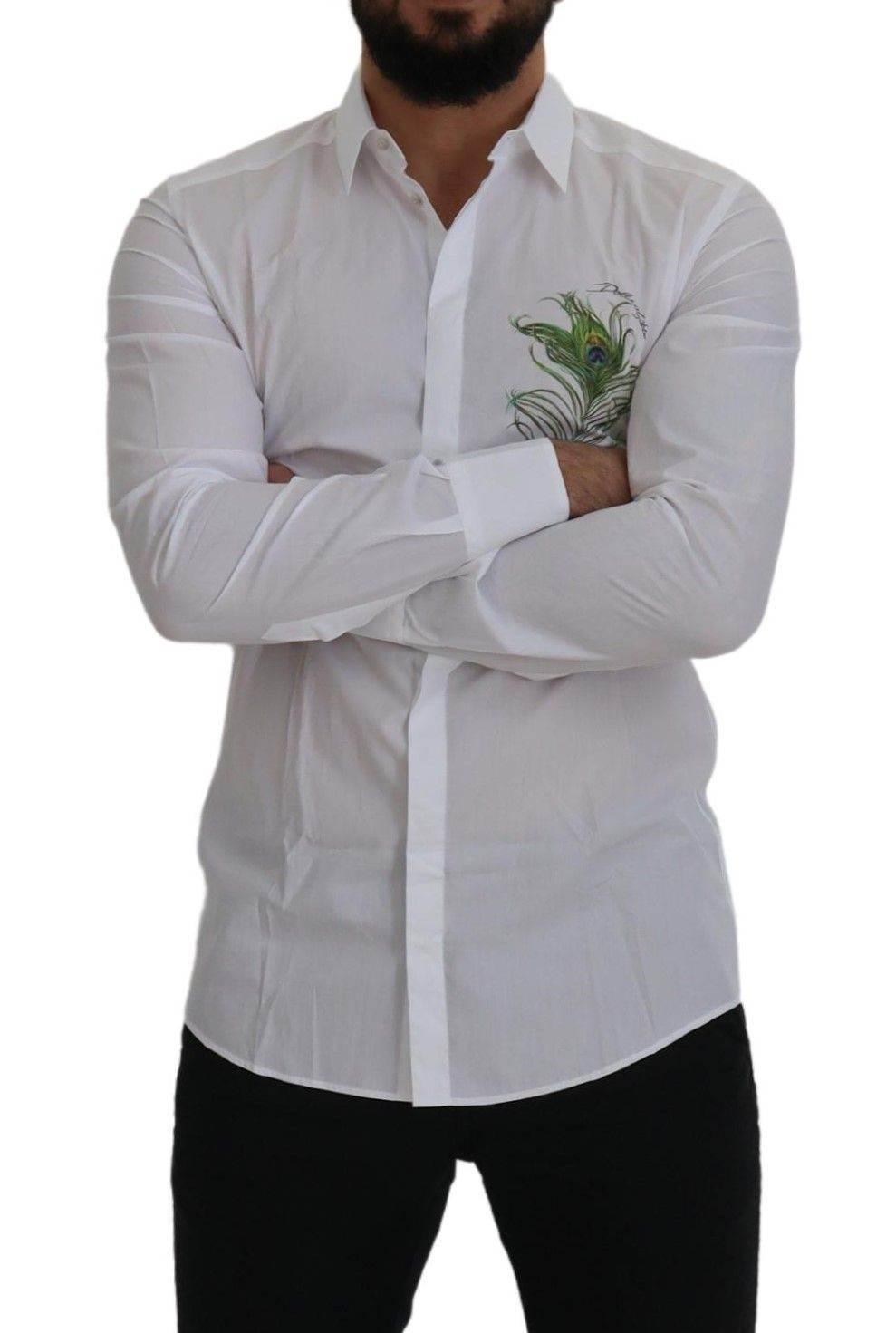 Dolce & Gabbana Elegant White Peacock Feather Dress Shirt - Hilstor