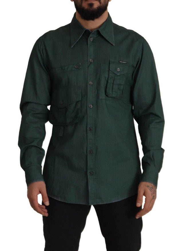 Dolce & Gabbana Dark Green Button Down Long Sleeves Shirt - Hilstor