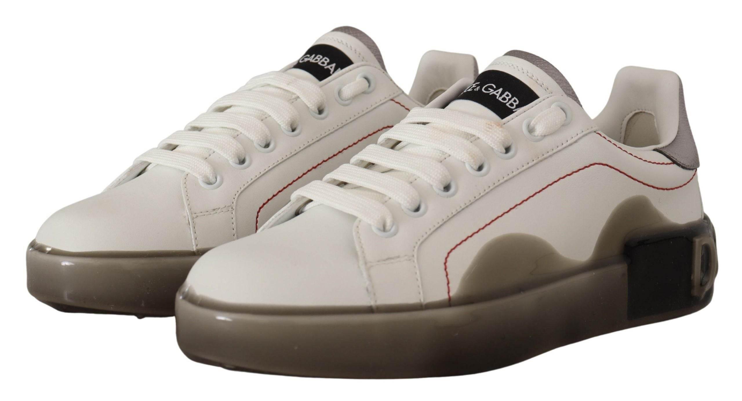 Dolce & Gabbana White Leather Shoes Womens Logo Portofino Sneakers - Hilstor