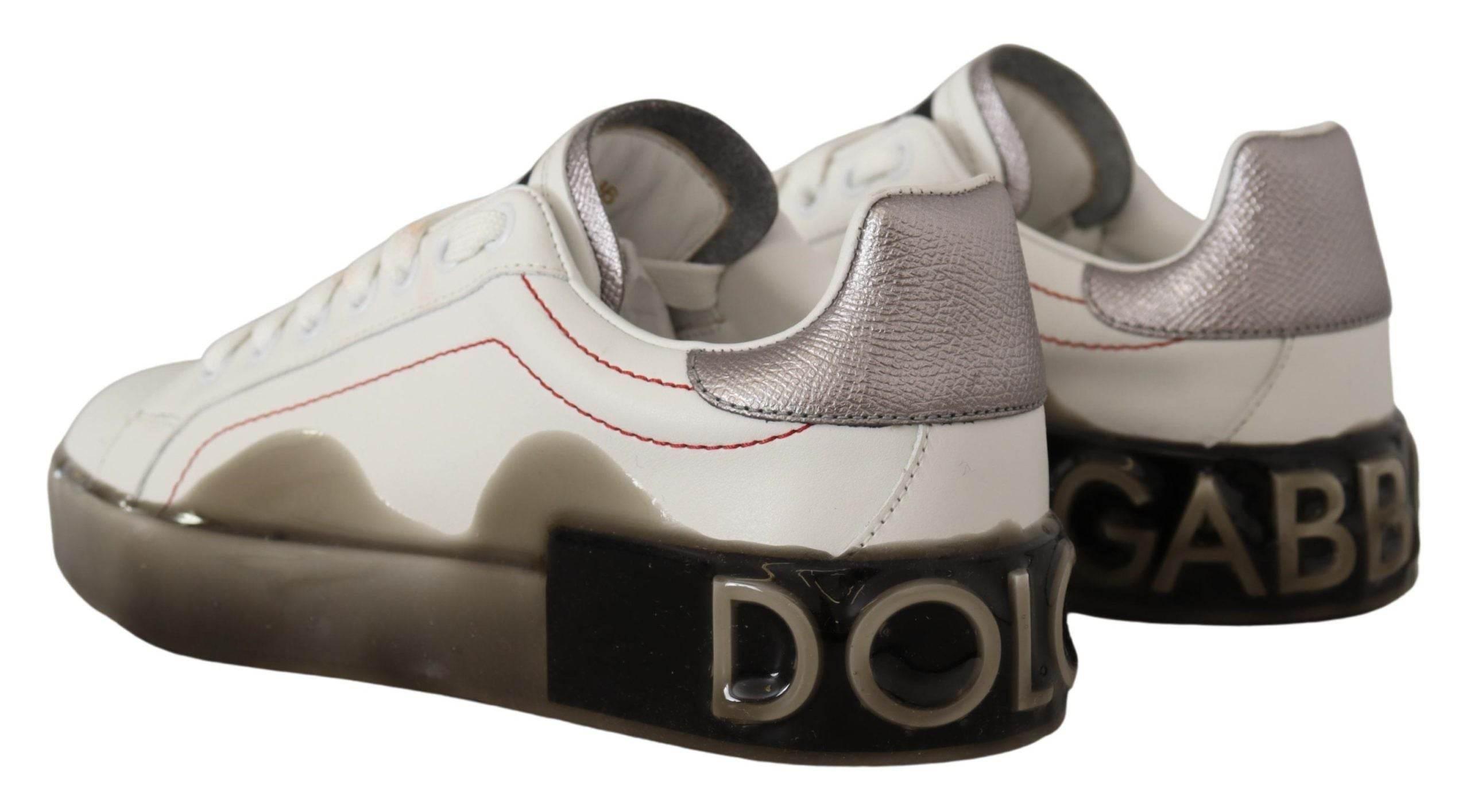 Dolce & Gabbana White Leather Shoes Womens Logo Portofino Sneakers - Hilstor