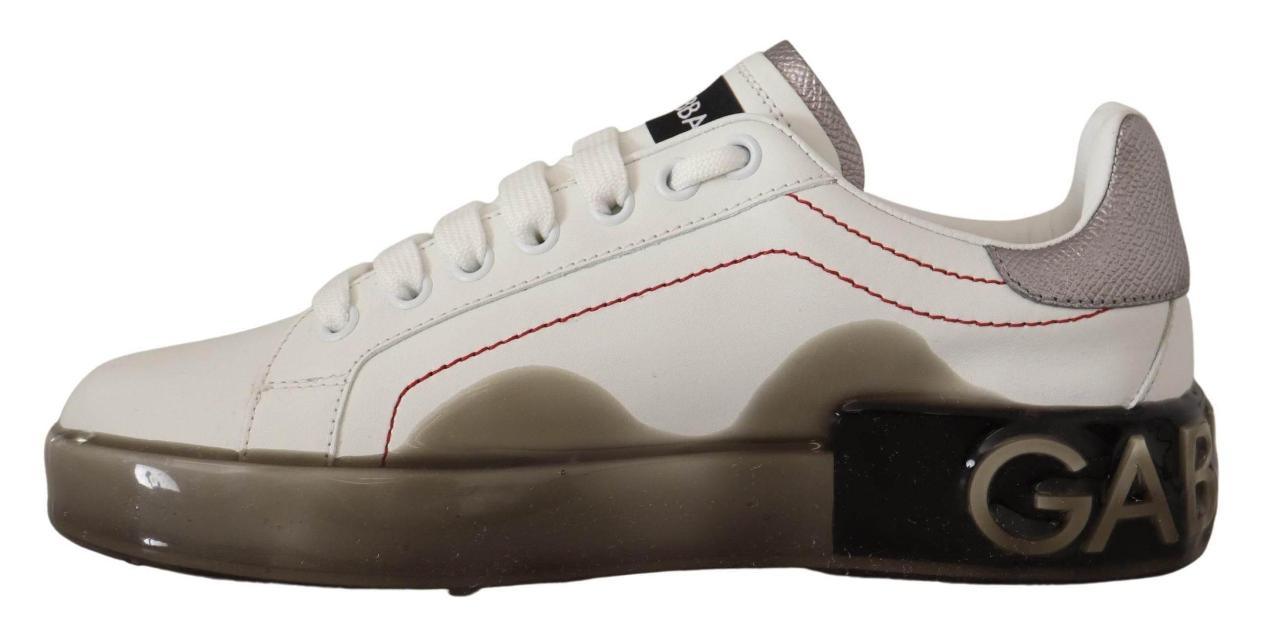 Dolce & Gabbana White Leather Shoes Womens Logo Portofino Sneakers - Hilstor
