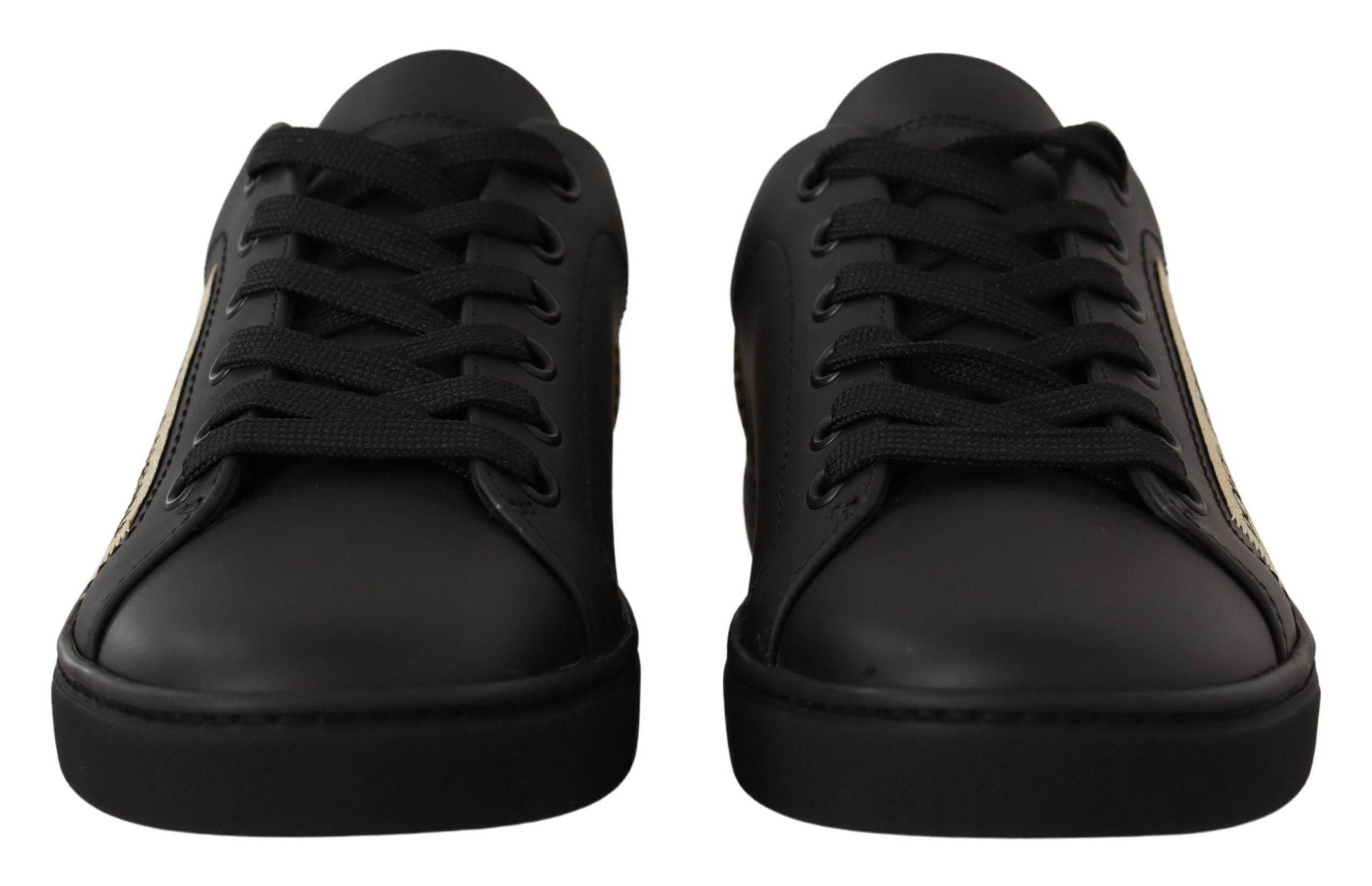 Dolce & Gabbana Black Gold Leather Low Top Sneakers Womens Shoes - Hilstor