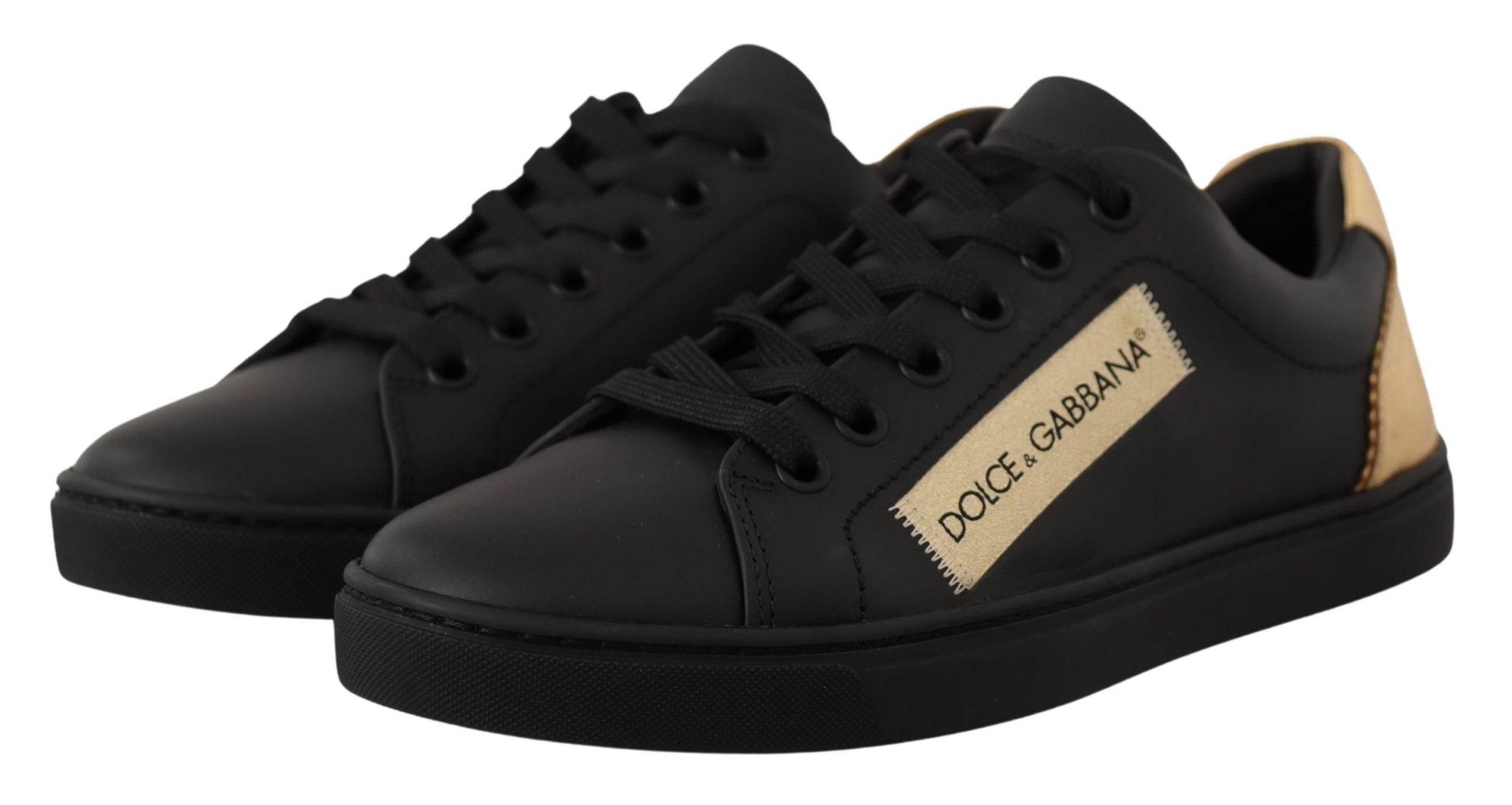 Dolce & Gabbana Black Gold Leather Low Top Sneakers Womens Shoes - Hilstor
