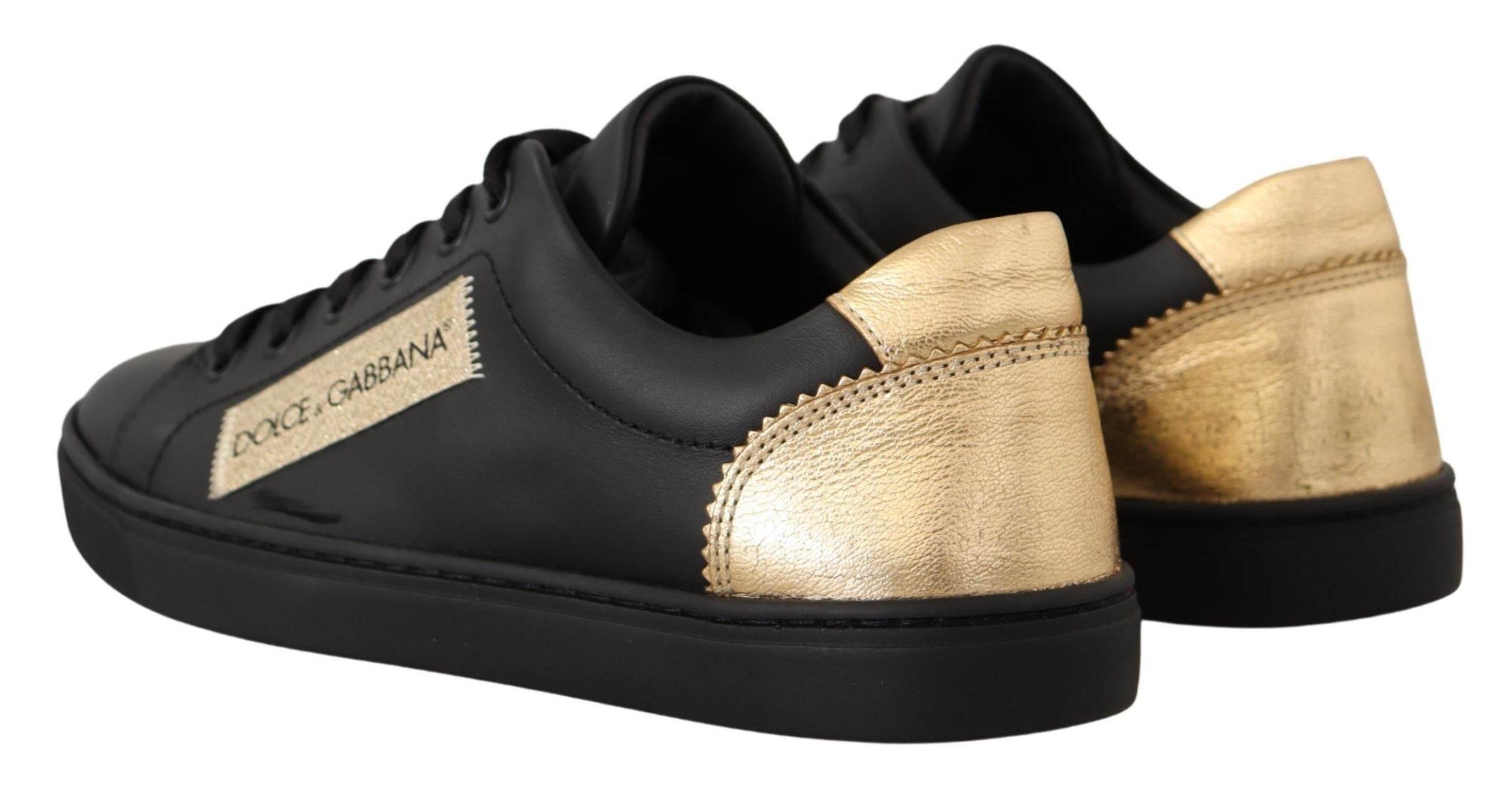 Dolce & Gabbana Black Gold Leather Low Top Sneakers Womens Shoes - Hilstor