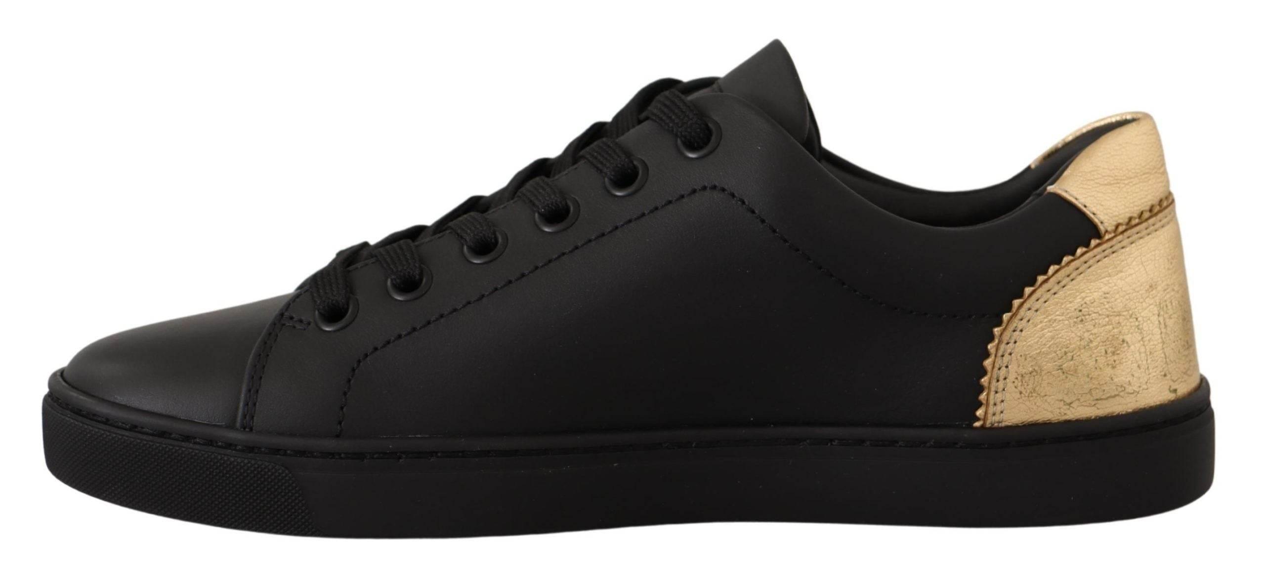 Dolce & Gabbana Black Gold Leather Low Top Sneakers Womens Shoes - Hilstor