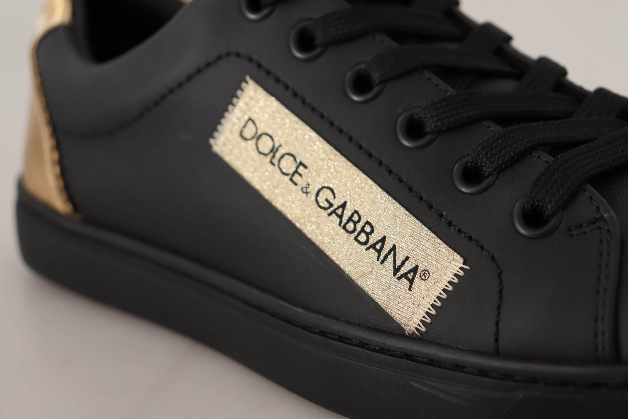 Dolce & Gabbana Black Gold Leather Low Top Sneakers Womens Shoes - Hilstor