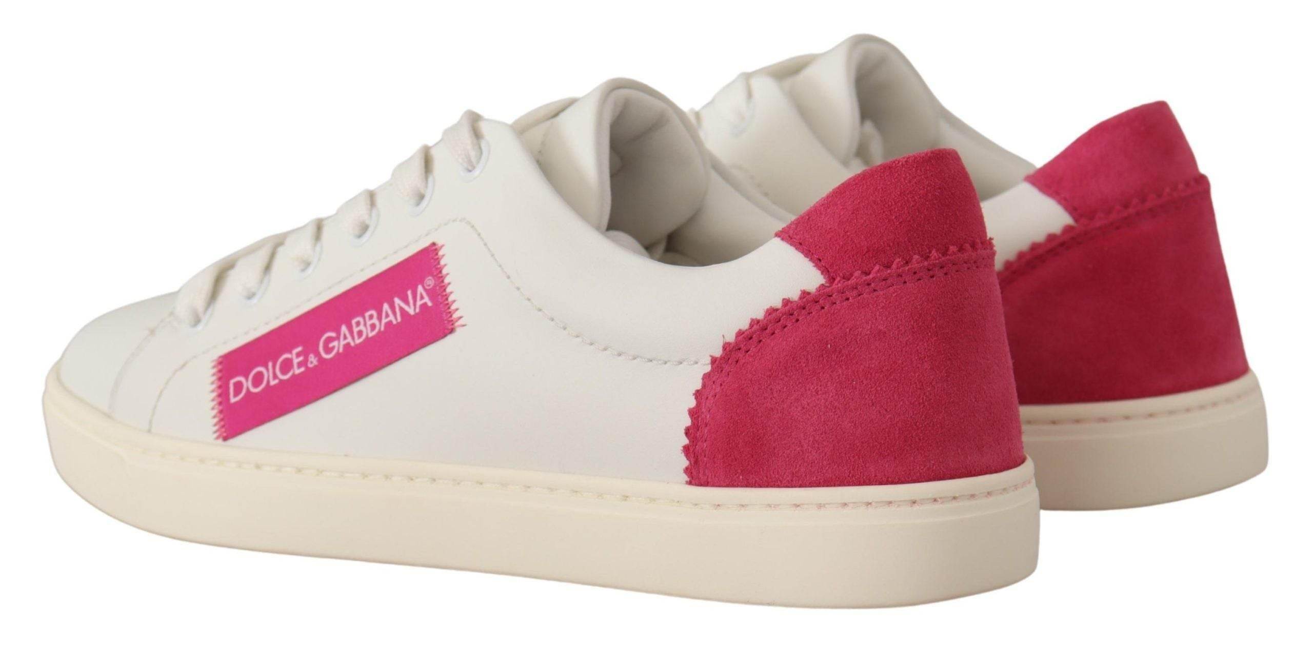 Dolce & Gabbana White Pink Leather Low Top Sneakers Womens Shoes - Hilstor