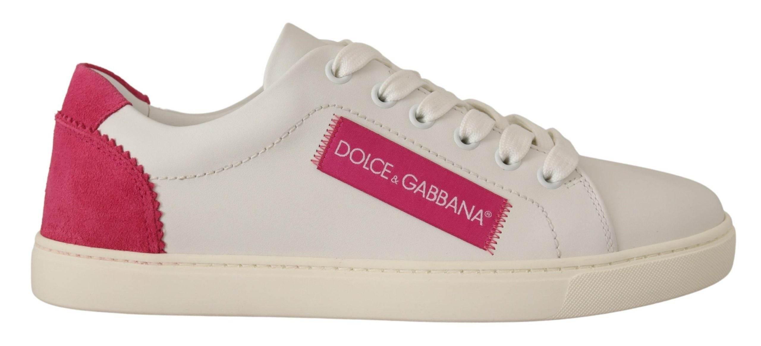 Dolce & Gabbana White Pink Leather Low Top Sneakers Womens Shoes - Hilstor