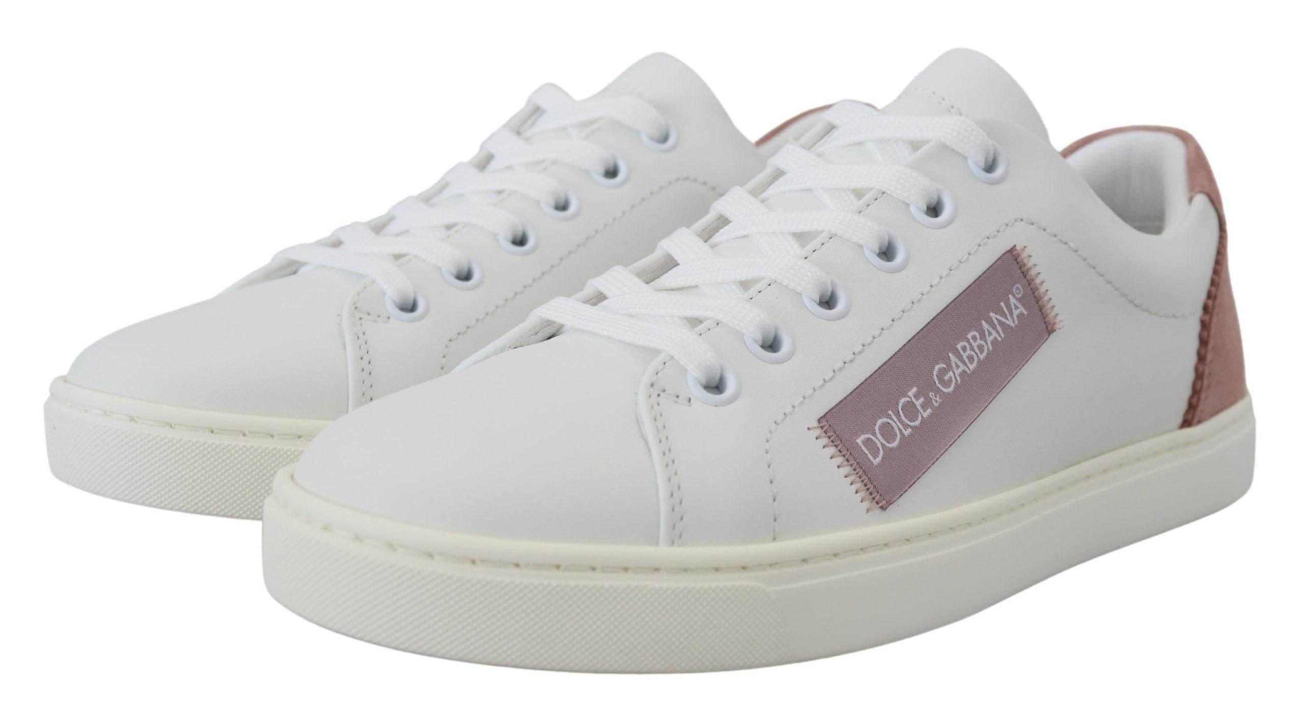 Dolce & Gabbana White Pink Leather Low Top Sneakers Shoes - Hilstor