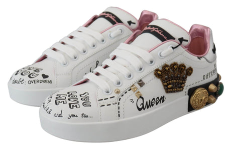 Dolce & Gabbana White Leather Crystal Queen Crown Sneakers Shoes - Hilstor