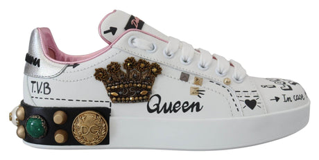 Dolce & Gabbana White Leather Crystal Queen Crown Sneakers Shoes - Hilstor