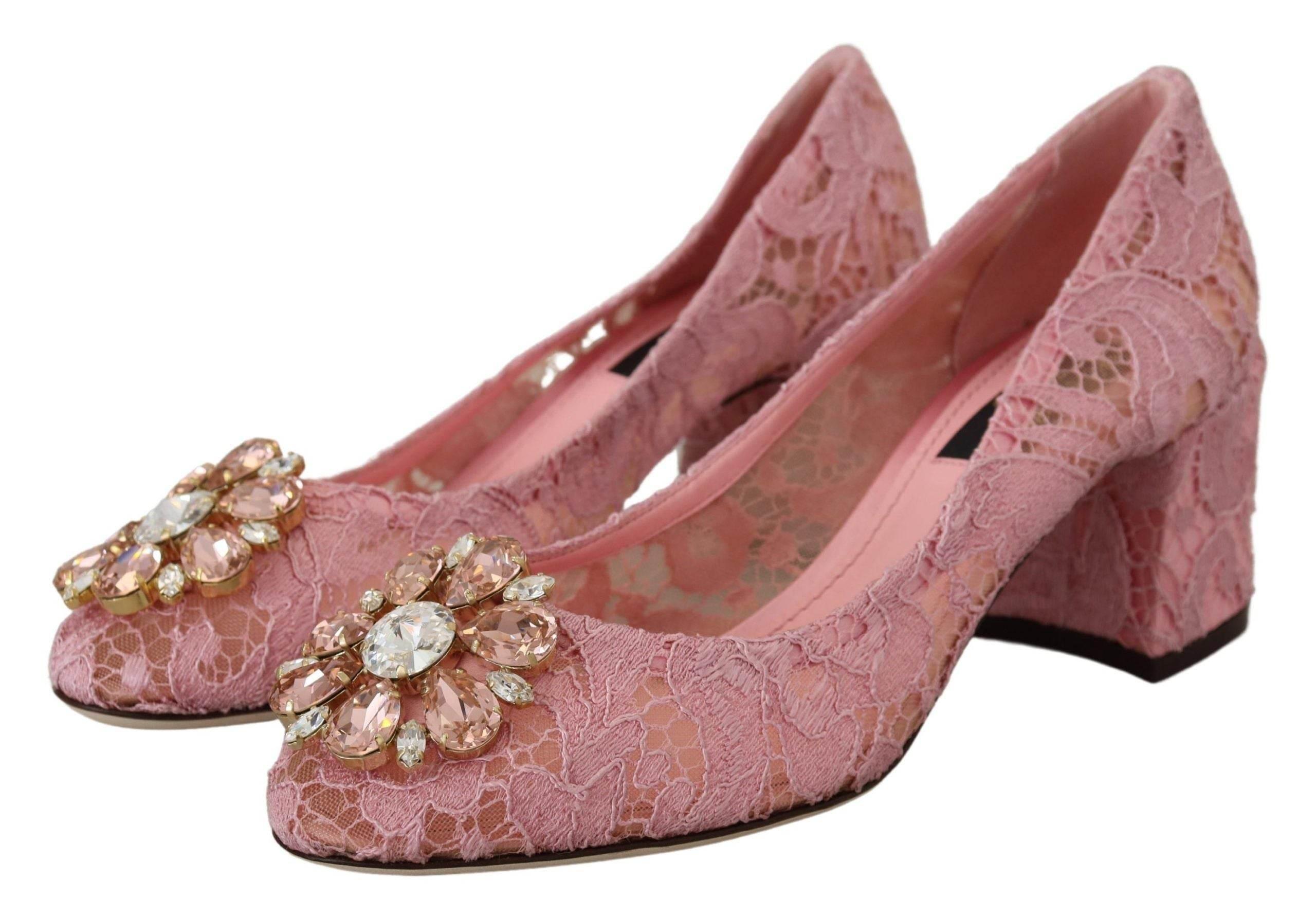 Dolce & Gabbana Pastel Pink Lace Crystal Embellished Pumps - Hilstor