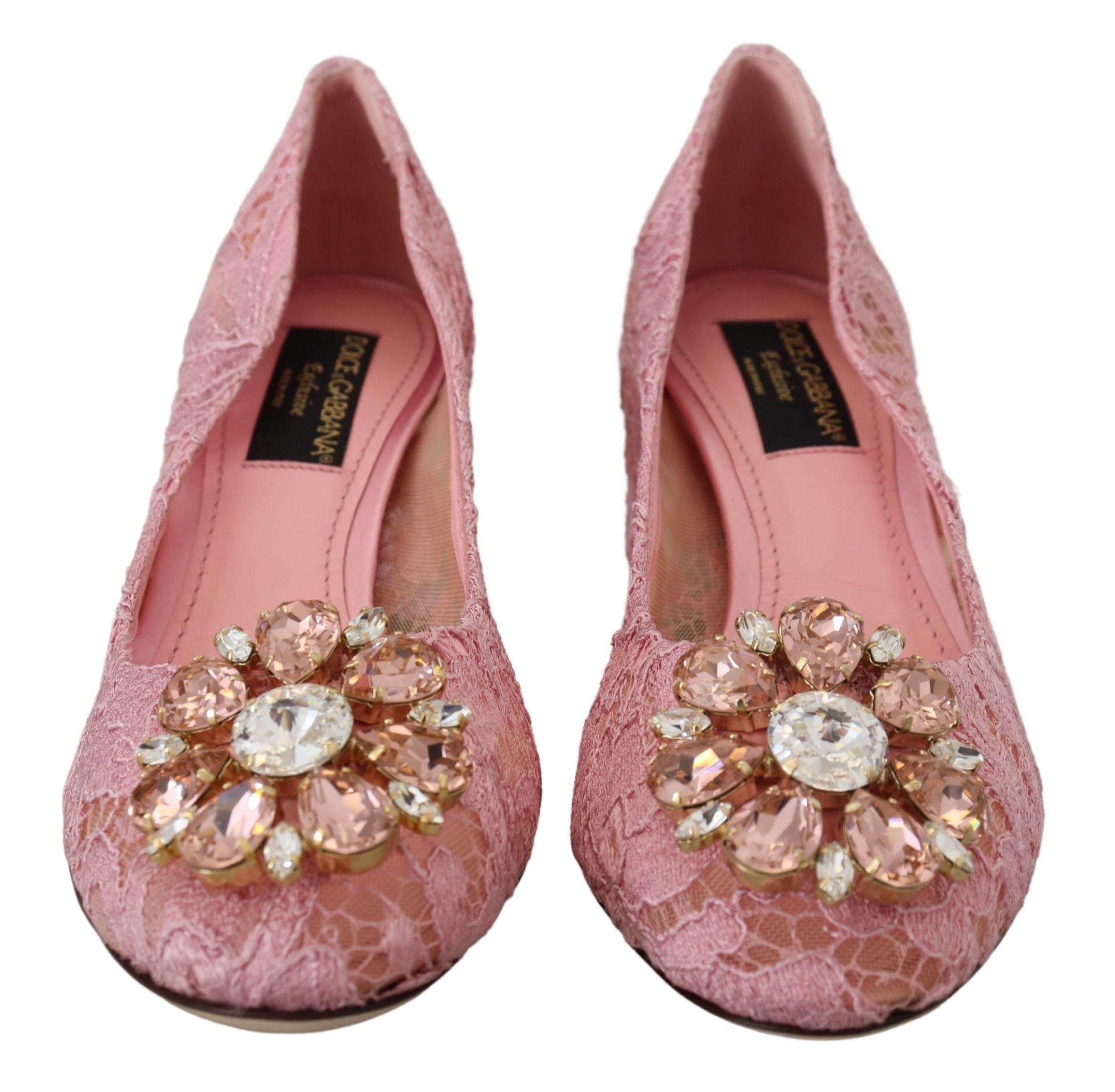 Dolce & Gabbana Pastel Pink Lace Crystal Embellished Pumps - Hilstor