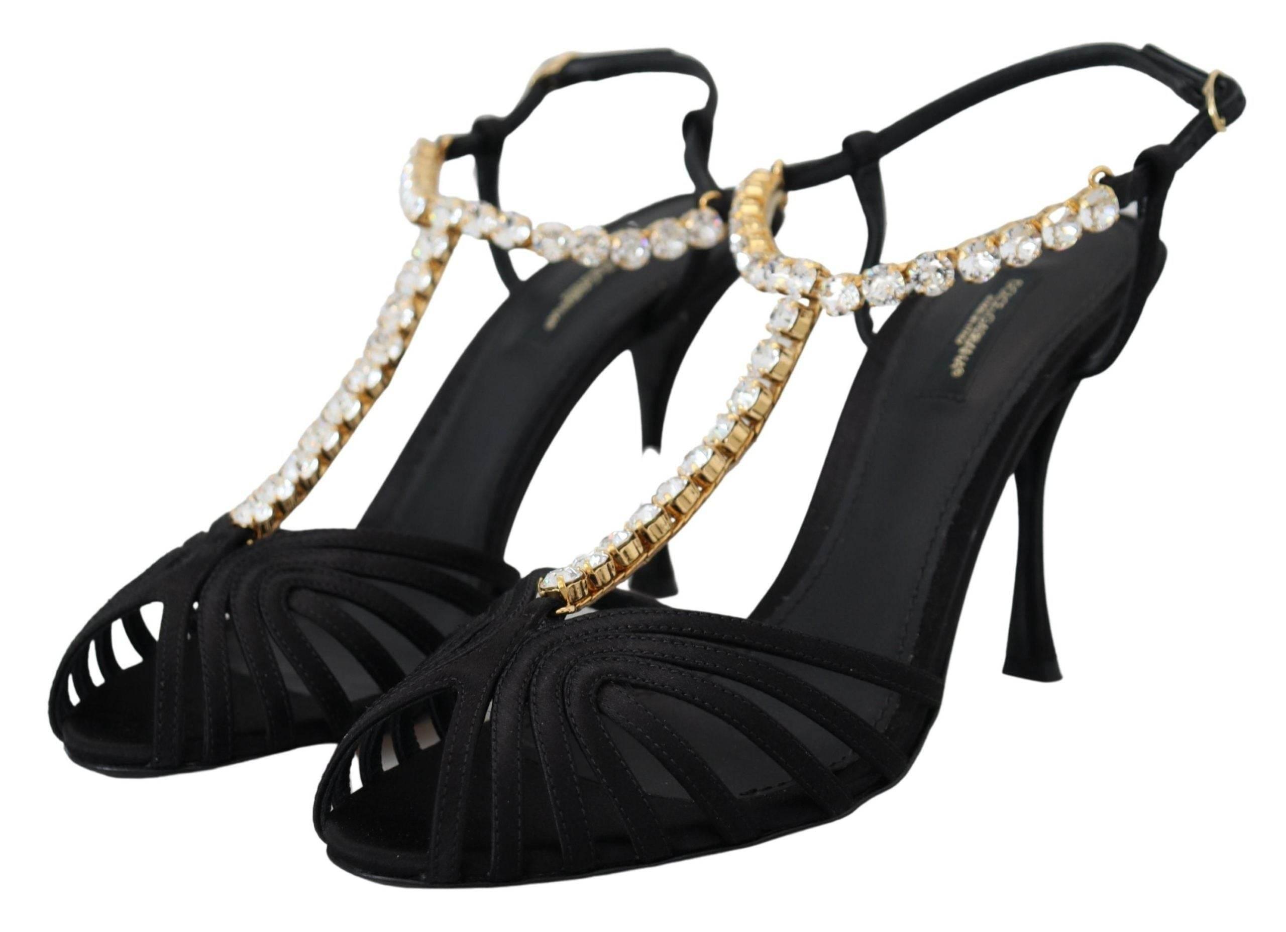 Dolce & Gabbana Black Satin Clear Crystal T-strap Sandal Shoes - Hilstor