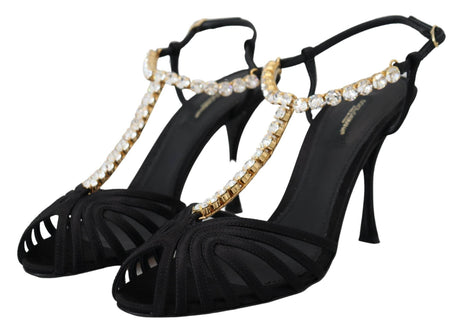 Dolce & Gabbana Black Satin Clear Crystal T-strap Sandal Shoes - Hilstor