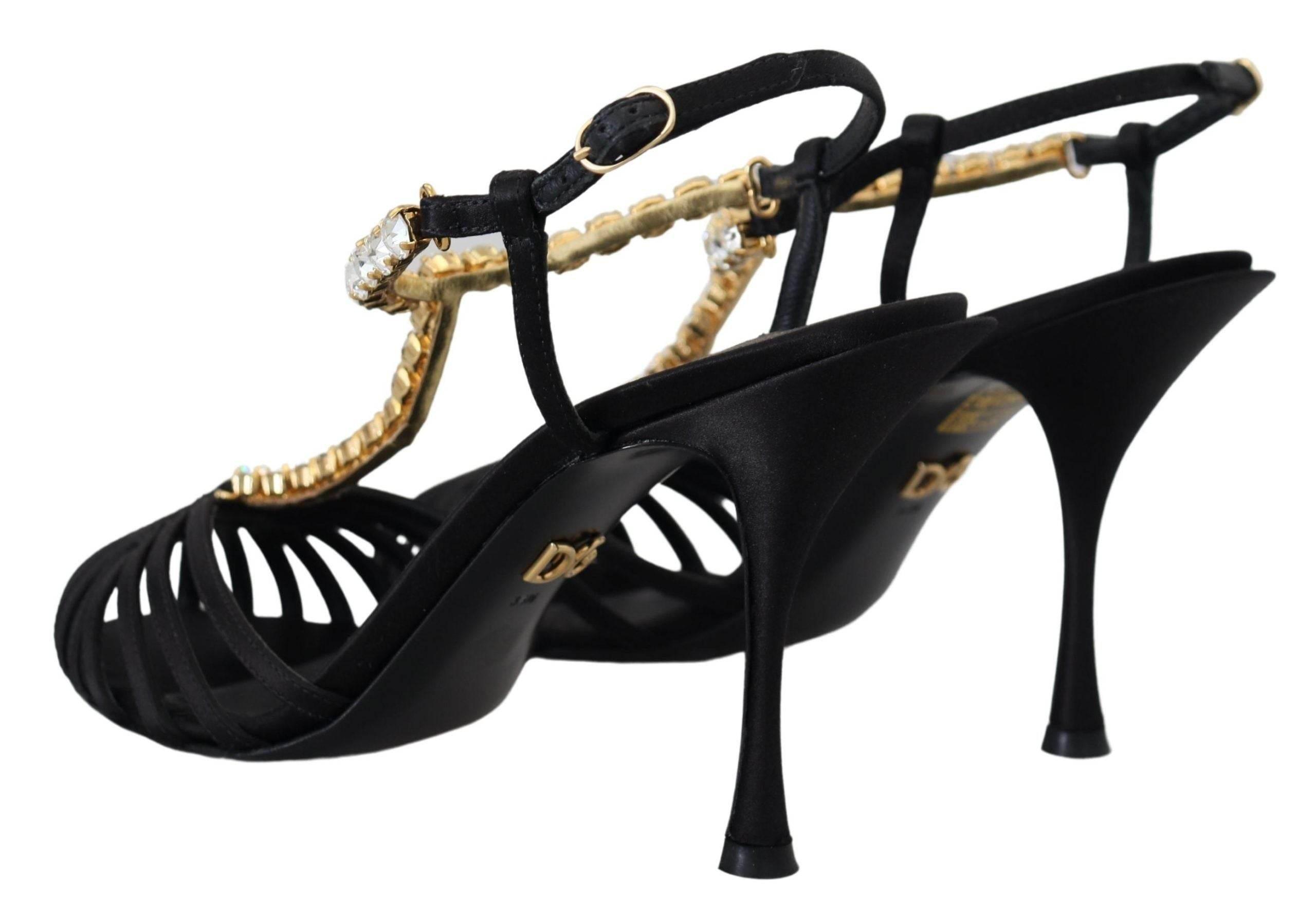 Dolce & Gabbana Black Satin Clear Crystal T-strap Sandal Shoes - Hilstor