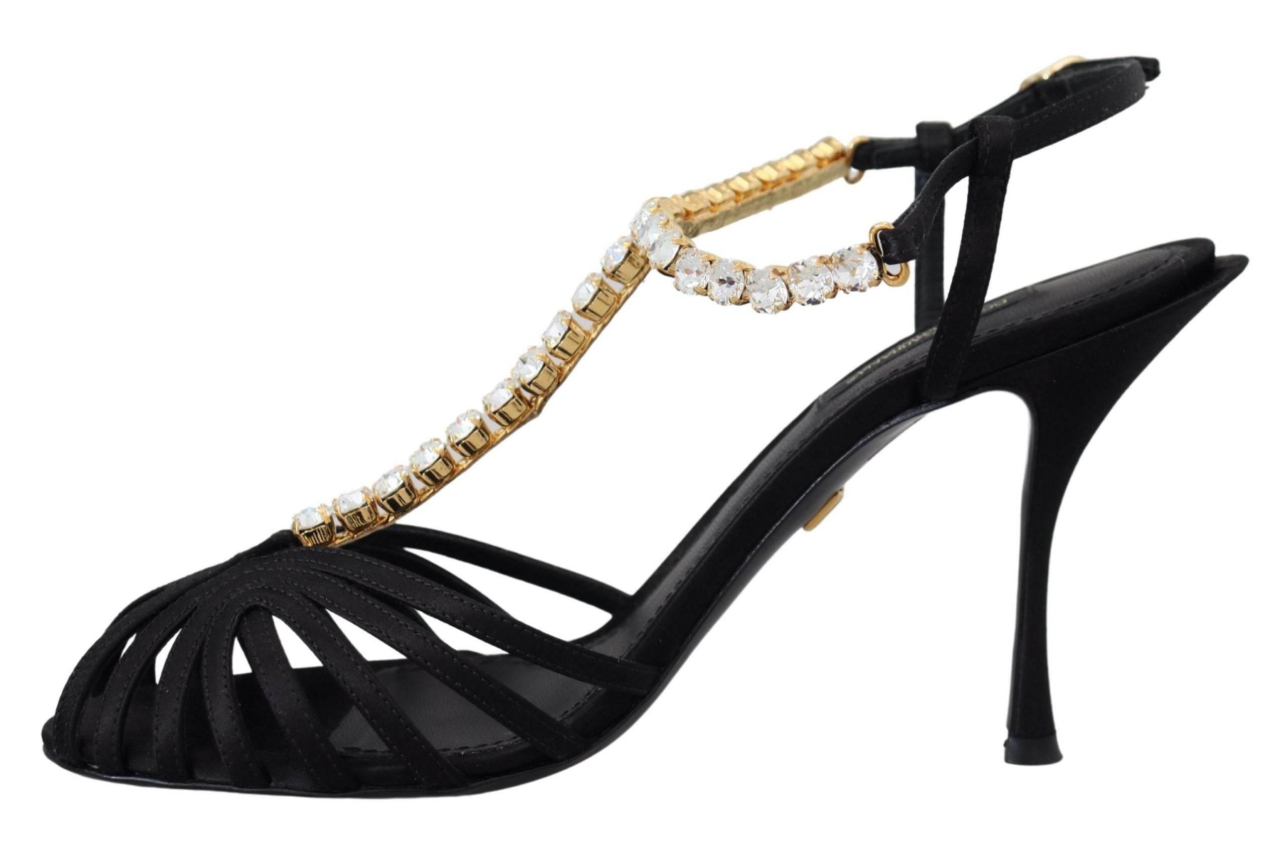 Dolce & Gabbana Black Satin Clear Crystal T-strap Sandal Shoes - Hilstor