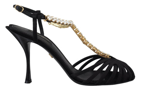 Dolce & Gabbana Black Satin Clear Crystal T-strap Sandal Shoes - Hilstor