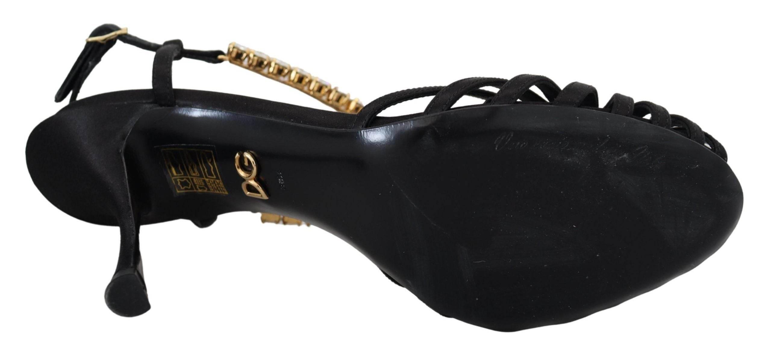 Dolce & Gabbana Black Satin Clear Crystal T-strap Sandal Shoes - Hilstor