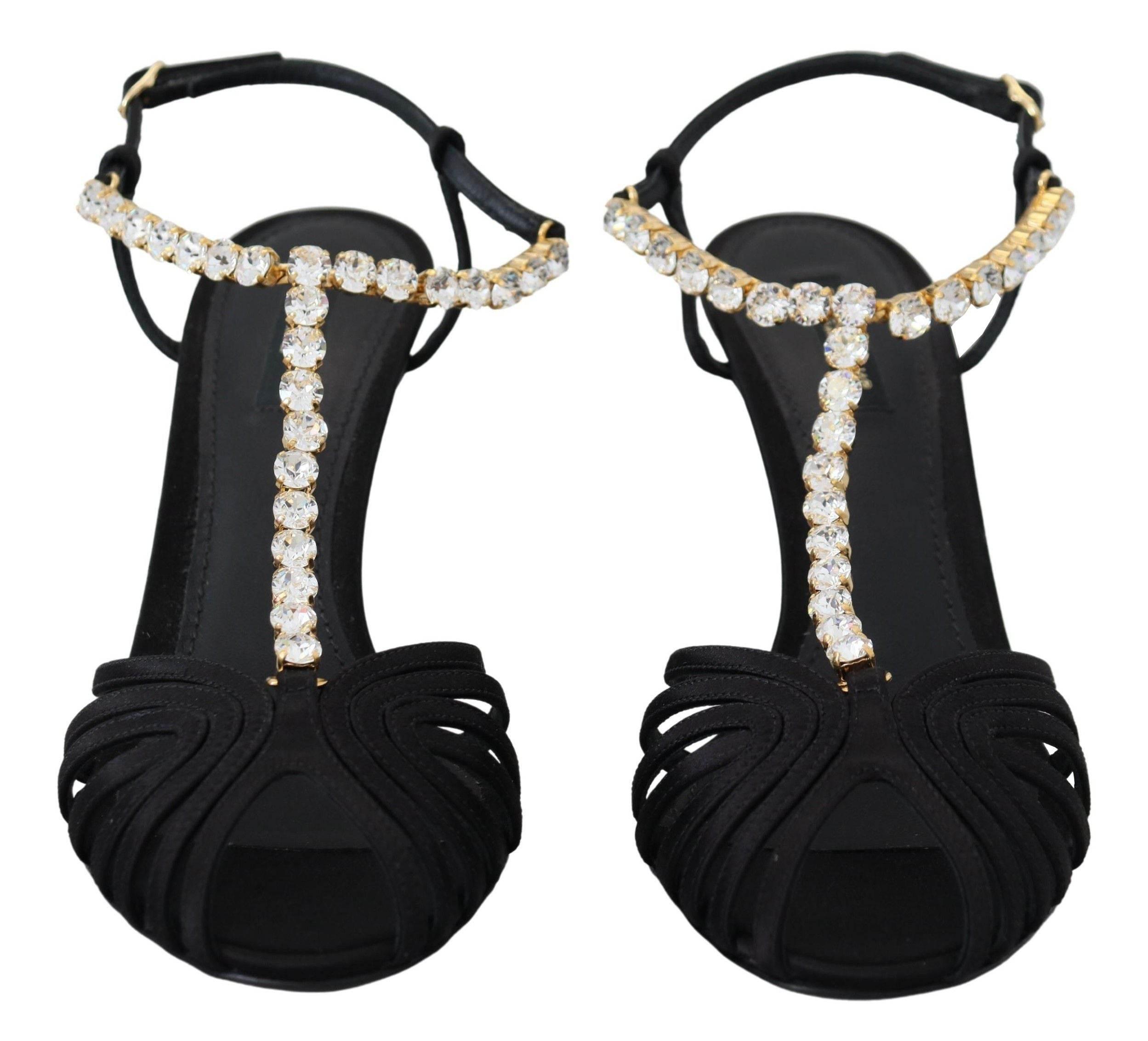 Dolce & Gabbana Black Satin Clear Crystal T-strap Sandal Shoes - Hilstor