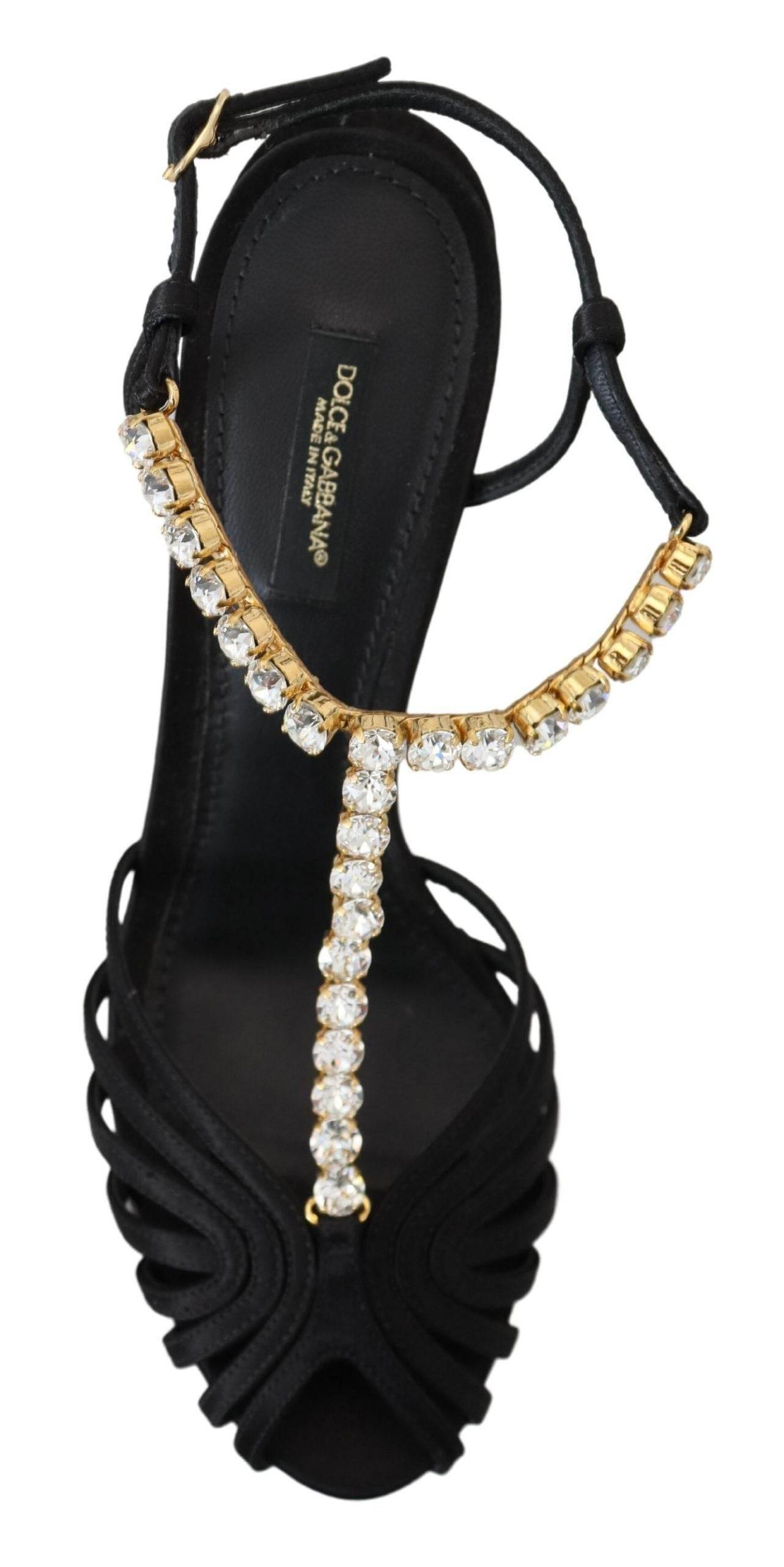 Dolce & Gabbana Black Satin Clear Crystal T-strap Sandal Shoes - Hilstor