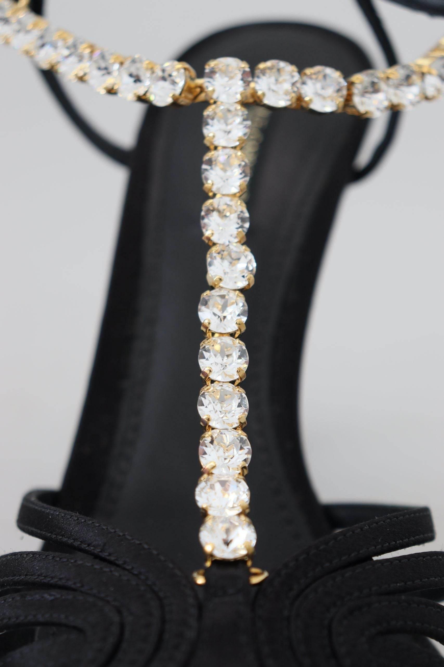 Dolce & Gabbana Black Satin Clear Crystal T-strap Sandal Shoes - Hilstor