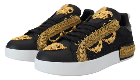 Dolce & Gabbana Black Gold Baroque Portofino Leather Sneakers Shoes - Hilstor