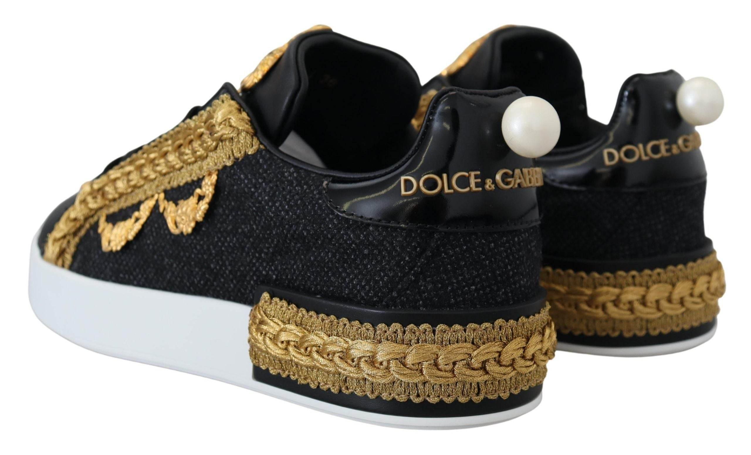 Dolce & Gabbana Black Gold Baroque Portofino Leather Sneakers Shoes - Hilstor