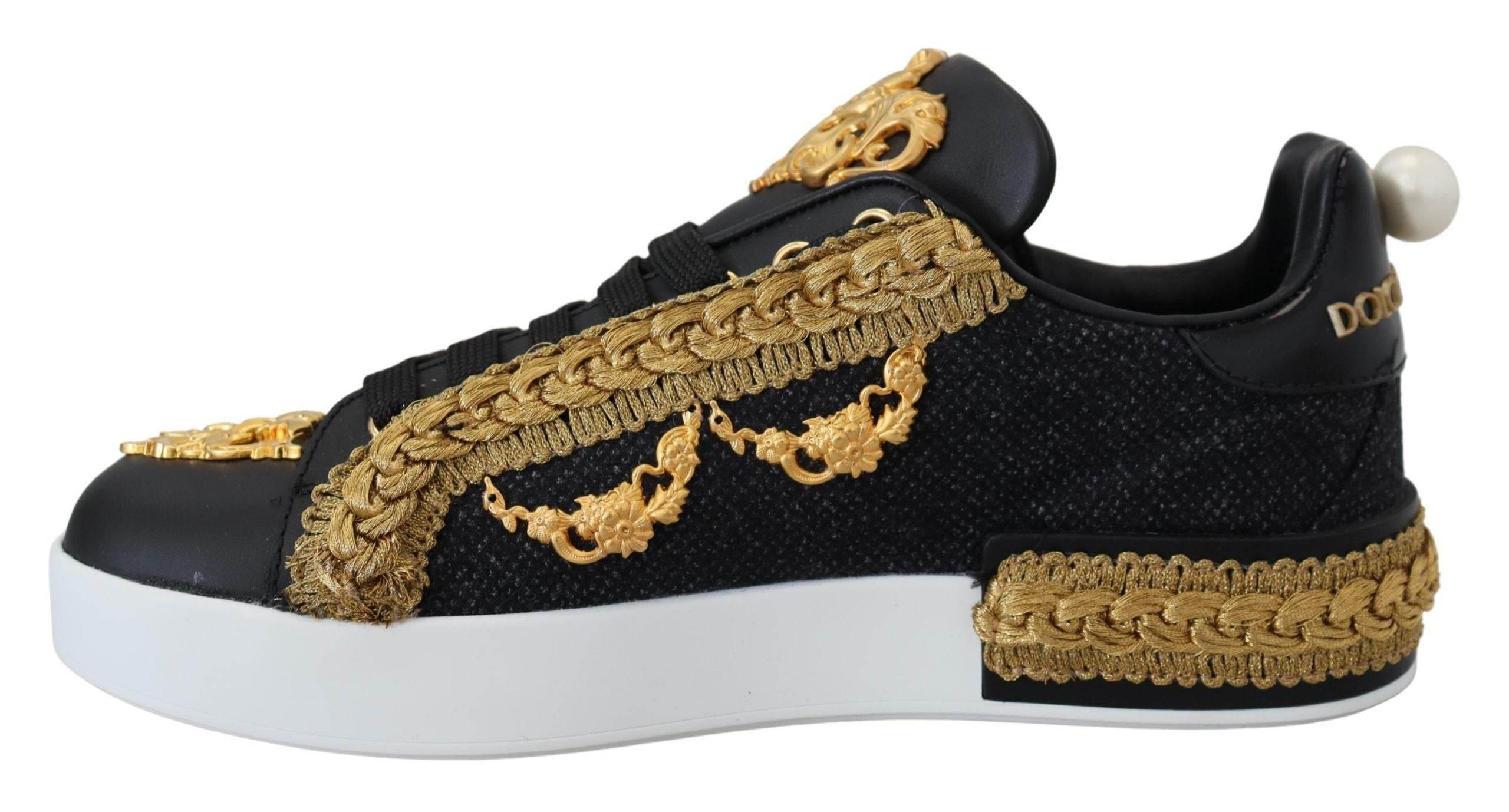 Dolce & Gabbana Black Gold Baroque Portofino Leather Sneakers Shoes - Hilstor