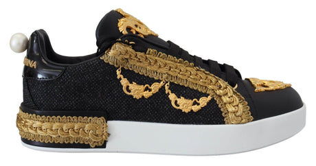 Dolce & Gabbana Black Gold Baroque Portofino Leather Sneakers Shoes - Hilstor