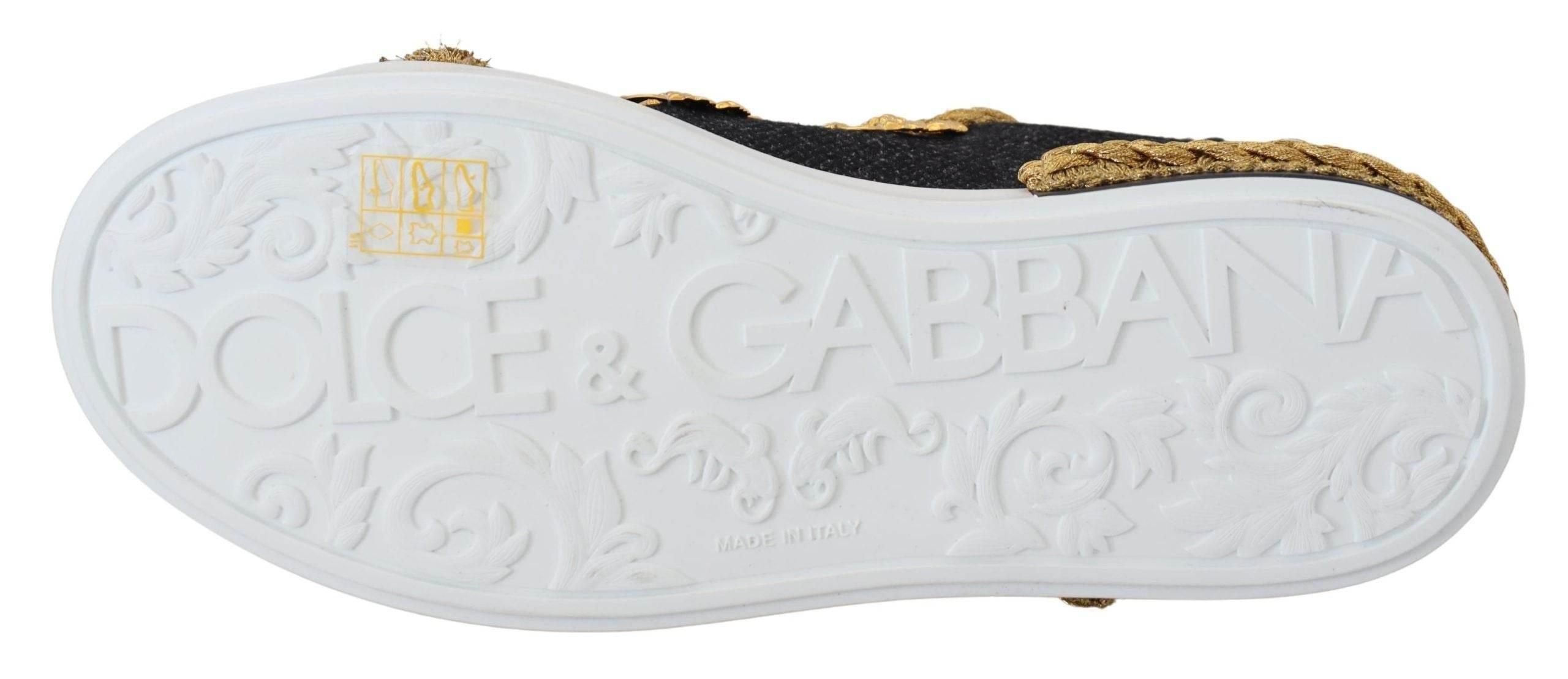 Dolce & Gabbana Black Gold Baroque Portofino Leather Sneakers Shoes - Hilstor