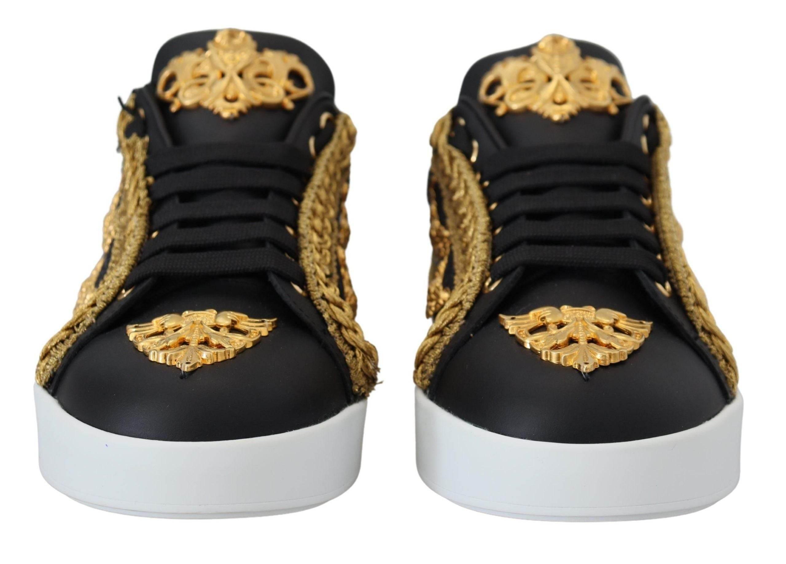 Dolce & Gabbana Black Gold Baroque Portofino Leather Sneakers Shoes - Hilstor