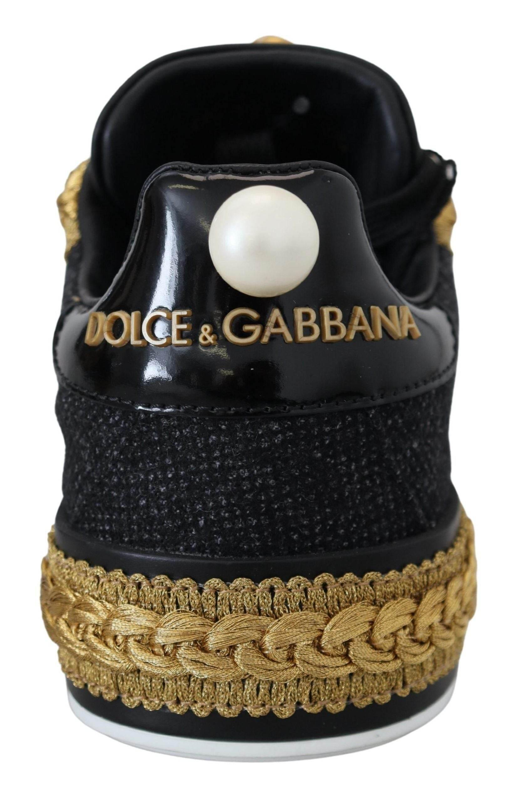 Dolce & Gabbana Black Gold Baroque Portofino Leather Sneakers Shoes - Hilstor