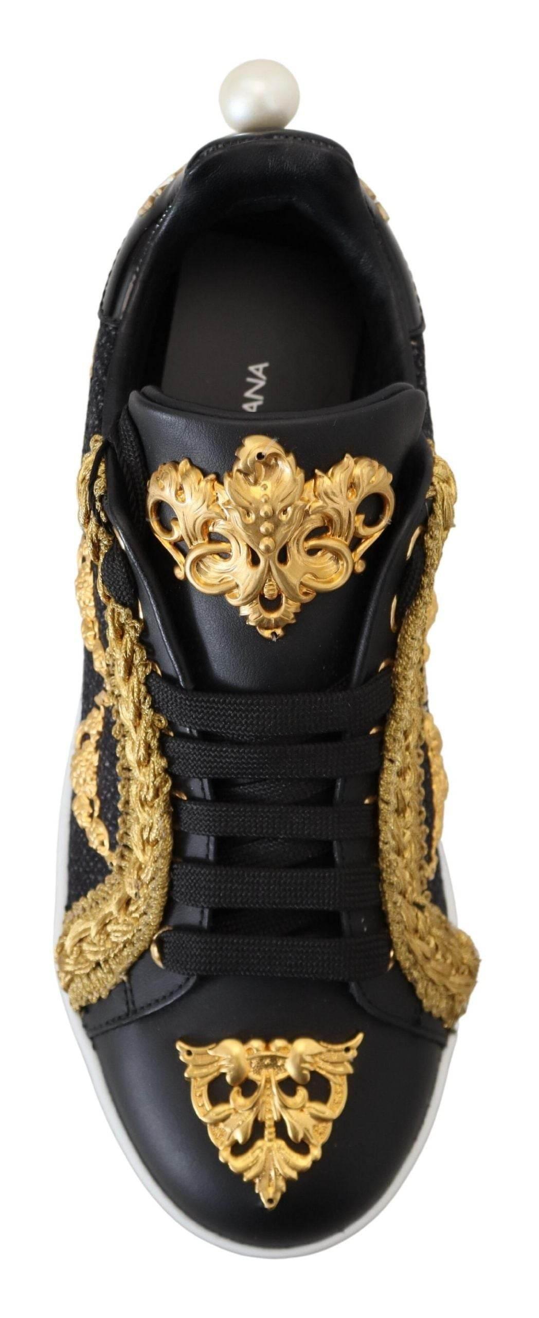 Dolce & Gabbana Black Gold Baroque Portofino Leather Sneakers Shoes - Hilstor