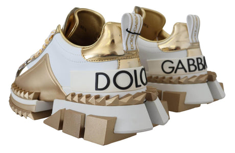 Dolce & Gabbana Elegant White and Gold Leather Sneakers - Hilstor