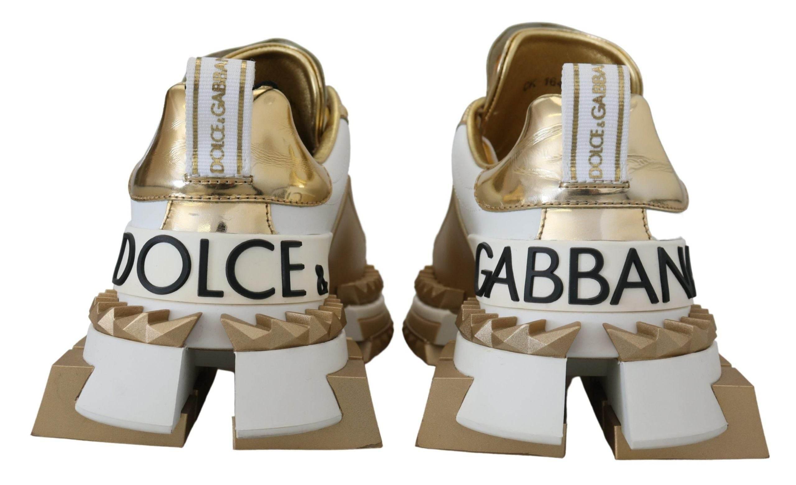 Dolce & Gabbana Elegant White and Gold Leather Sneakers - Hilstor