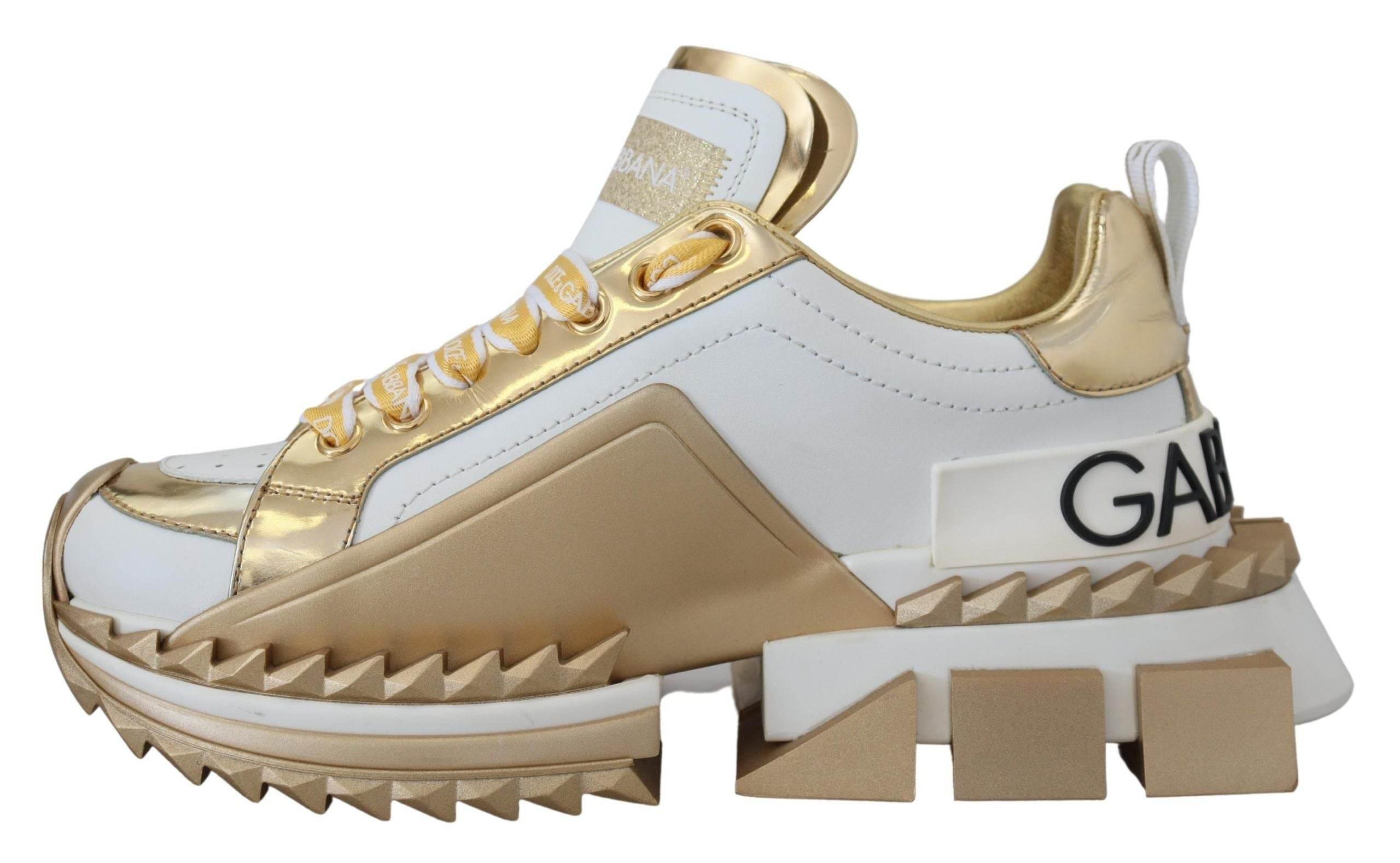 Dolce & Gabbana Elegant White and Gold Leather Sneakers - Hilstor