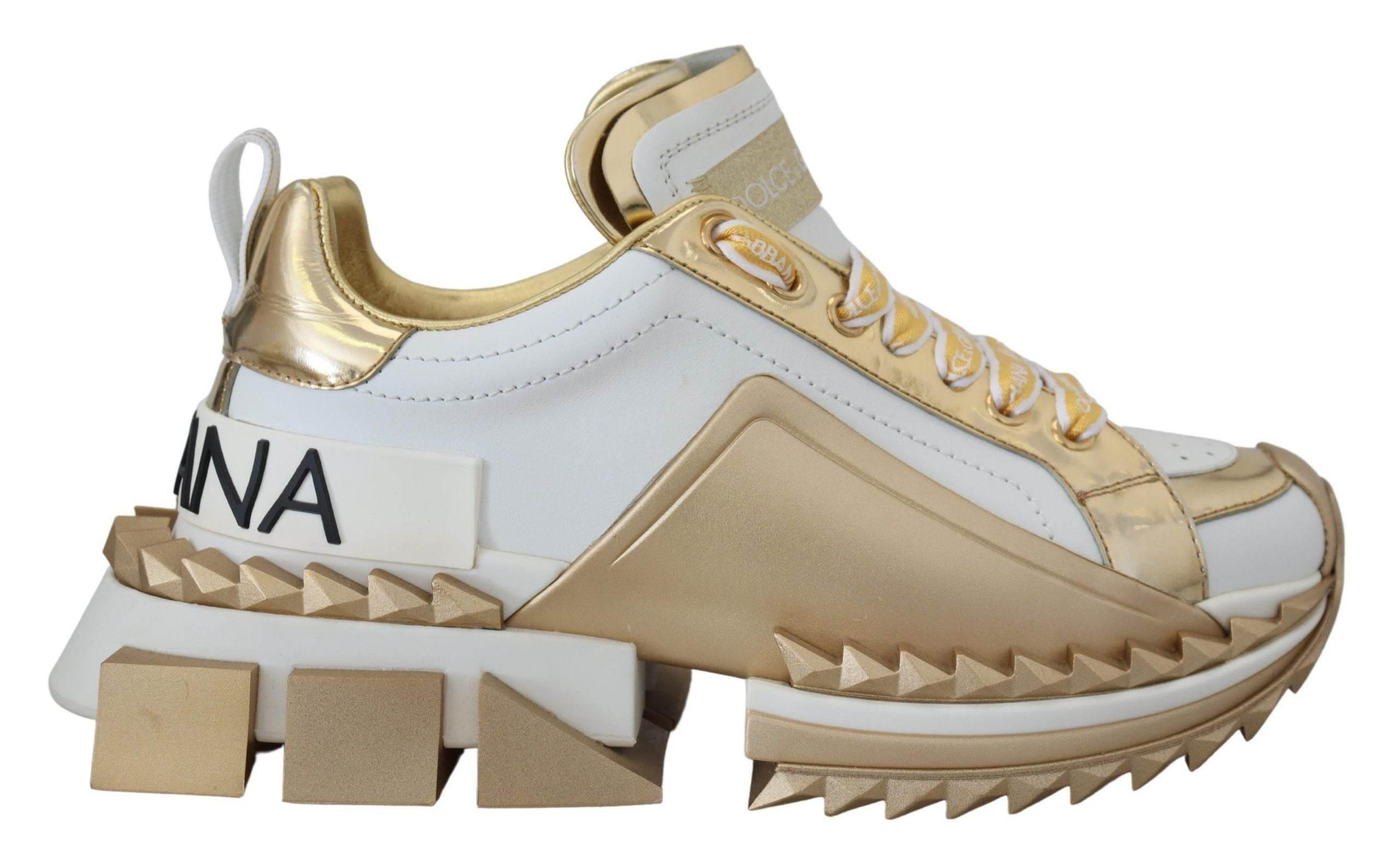 Dolce & Gabbana Elegant White and Gold Leather Sneakers - Hilstor