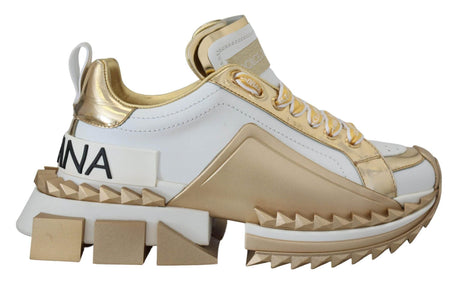 Dolce & Gabbana Elegant White and Gold Leather Sneakers - Hilstor
