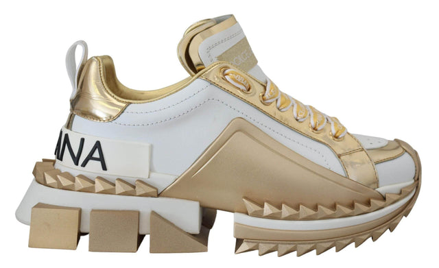 Dolce & Gabbana Elegant White and Gold Leather Sneakers - Hilstor