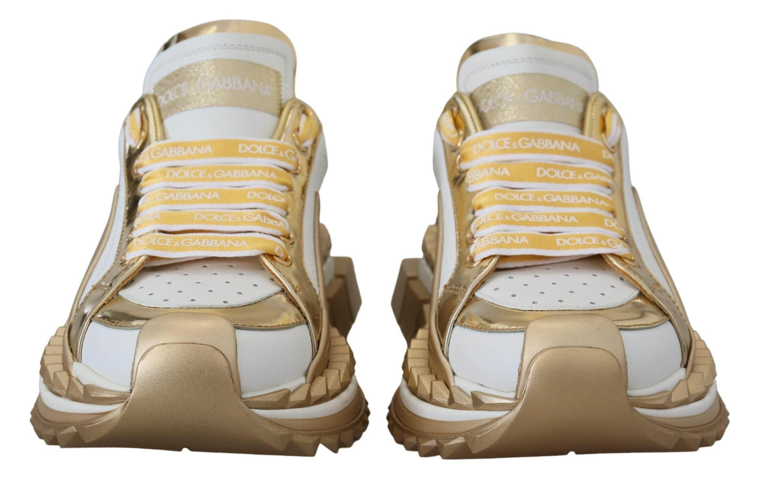 Dolce & Gabbana Elegant White and Gold Leather Sneakers - Hilstor