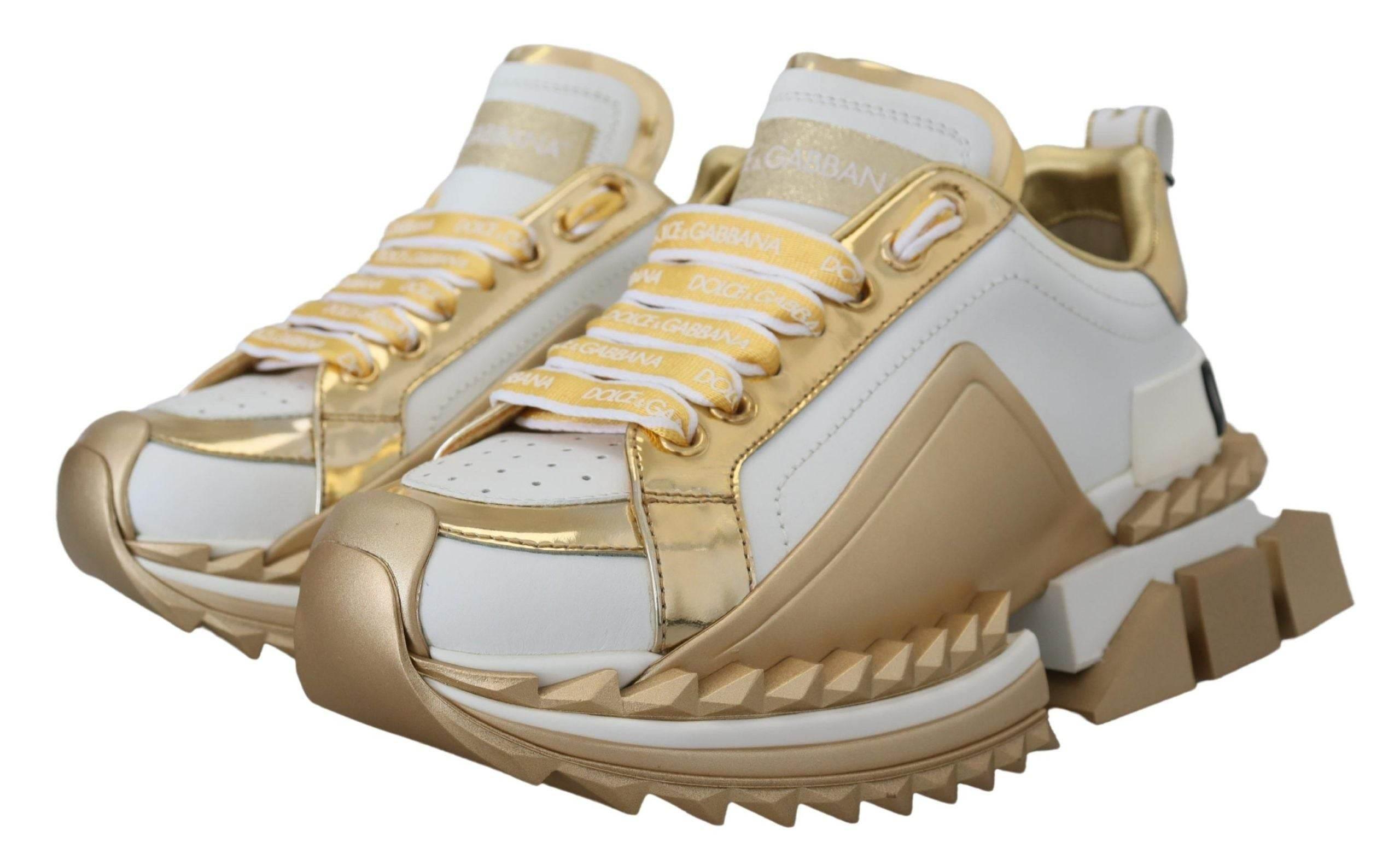 Dolce & Gabbana Elegant White and Gold Leather Sneakers - Hilstor