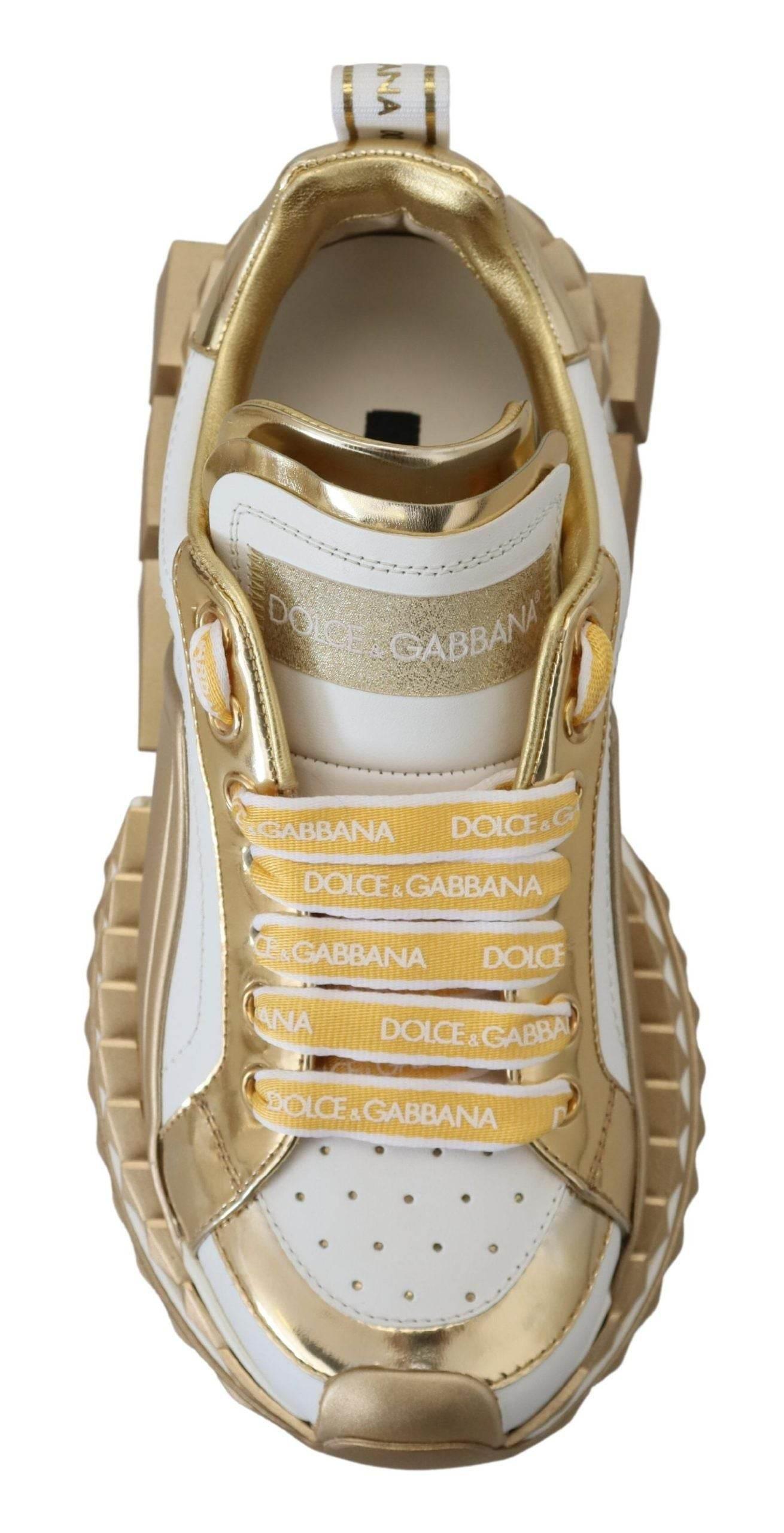 Dolce & Gabbana Elegant White and Gold Leather Sneakers - Hilstor