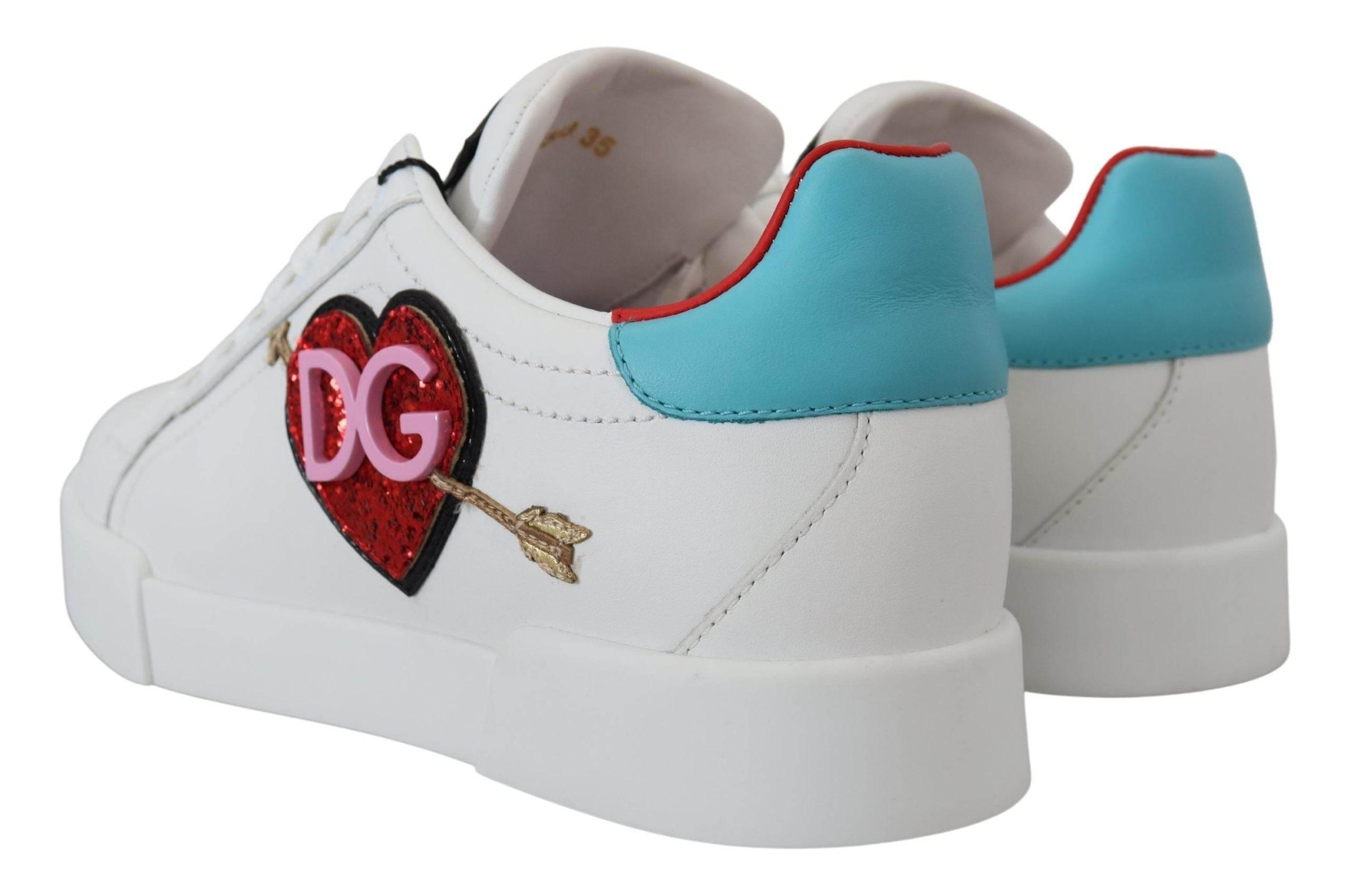 Dolce & Gabbana White Leather Sneaker Portofino Logo Heart Shoes - Hilstor